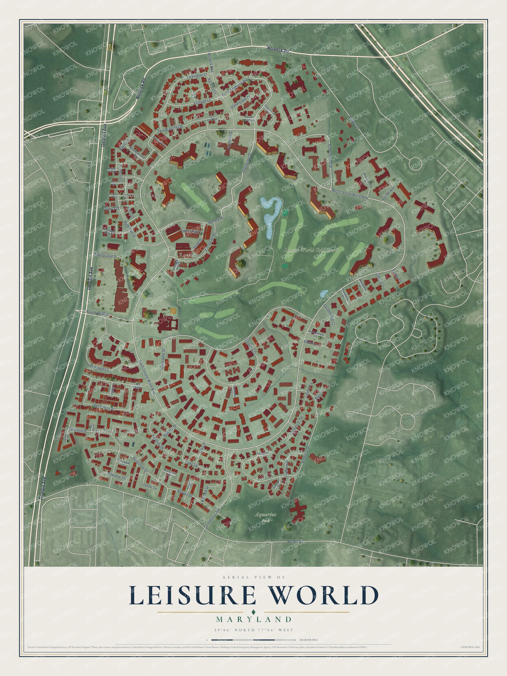 Full map of Leisure World, Maryland, with red buildings, printed street names and the land around them