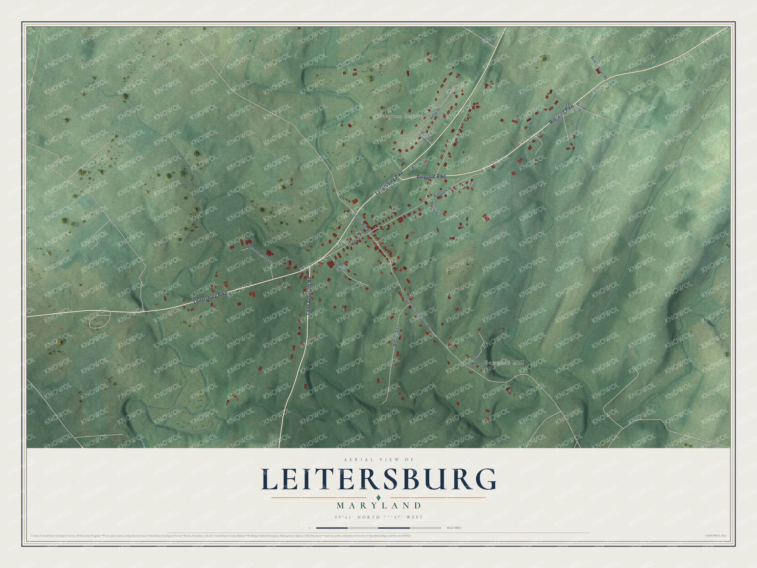 Full map of Leitersburg, Maryland, with red buildings, printed street names and the land around them