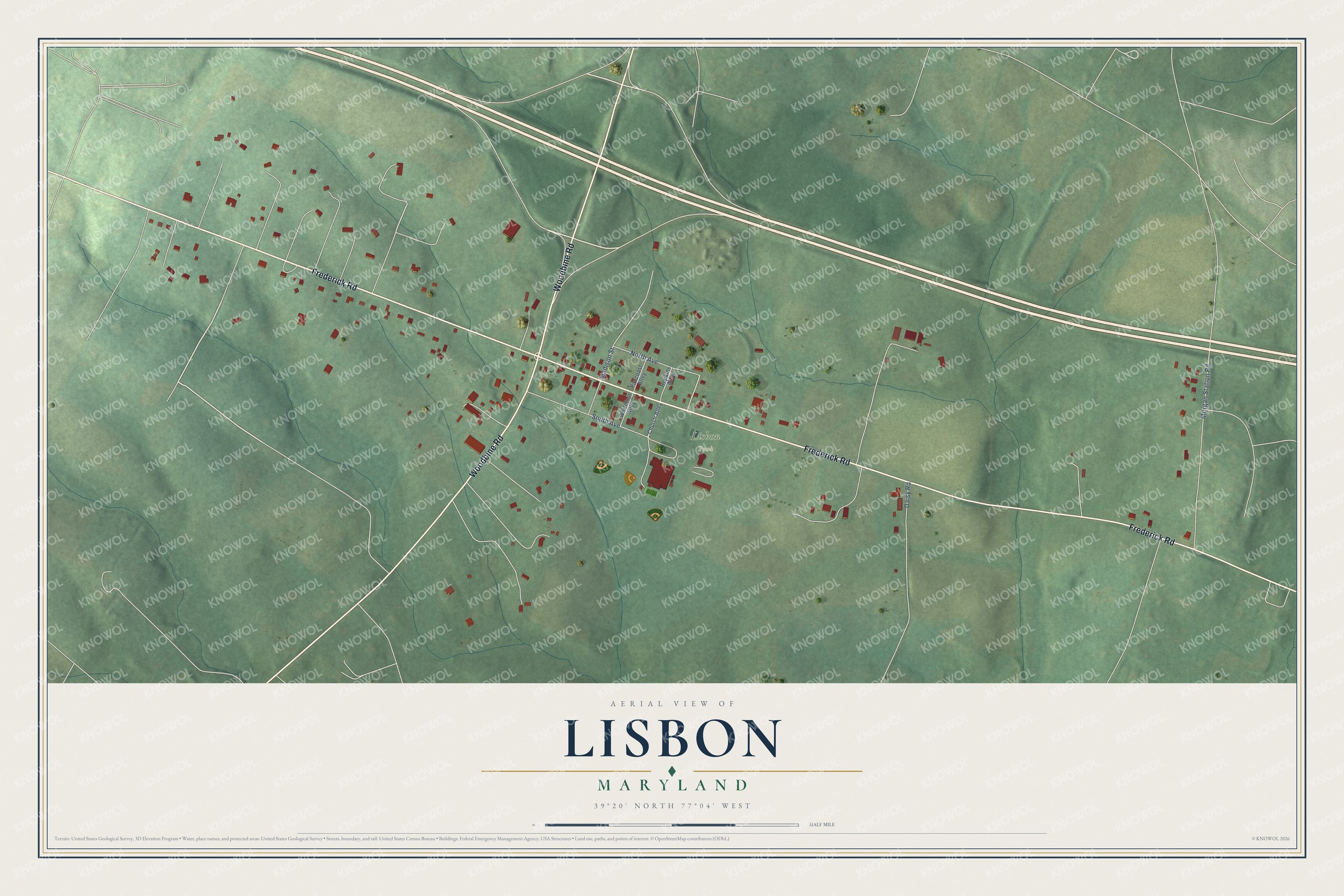 Full map of Lisbon, Maryland, with red buildings, printed street names and the land around them