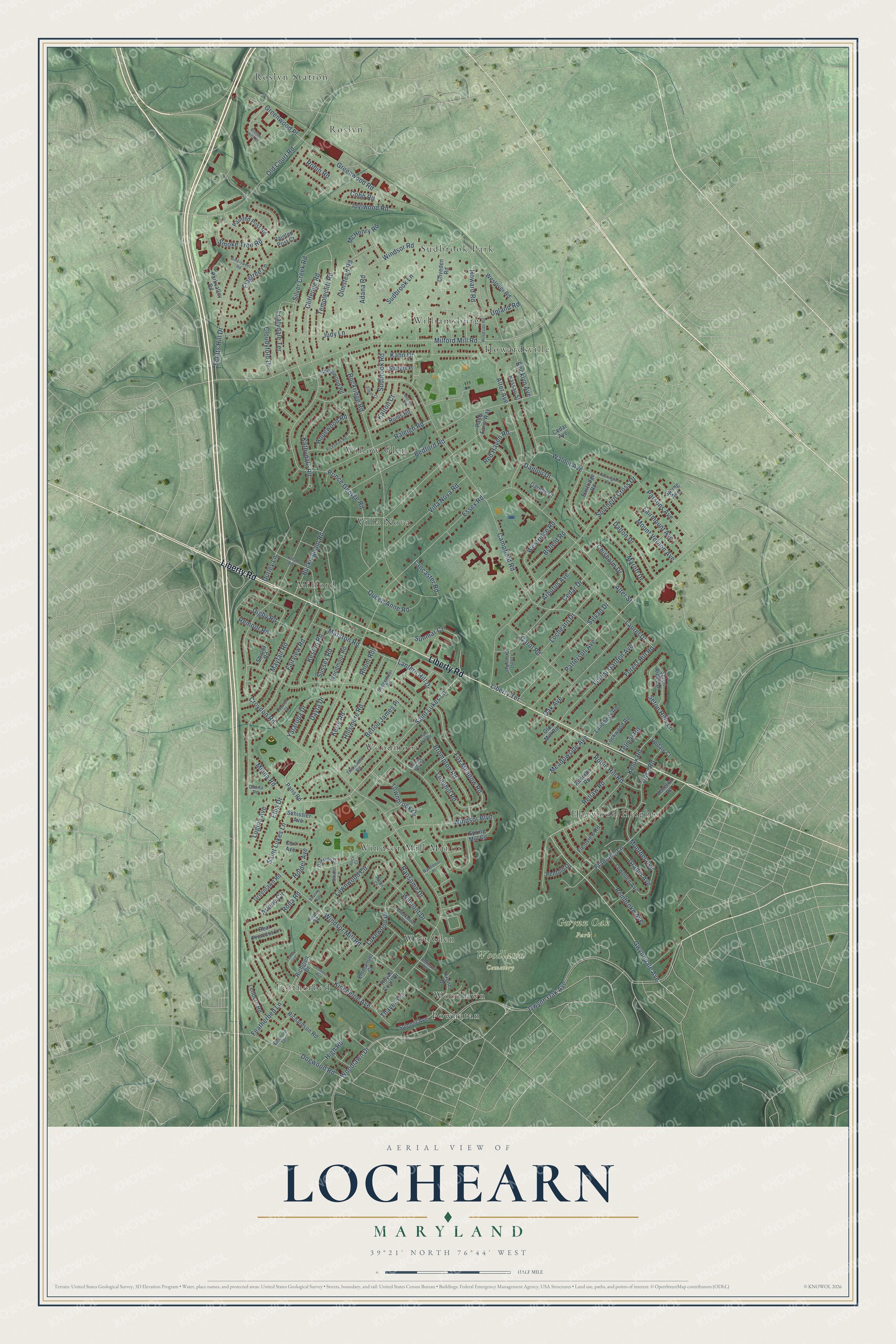 Full map of Lochearn, Maryland, with red buildings, printed street names and the land around them