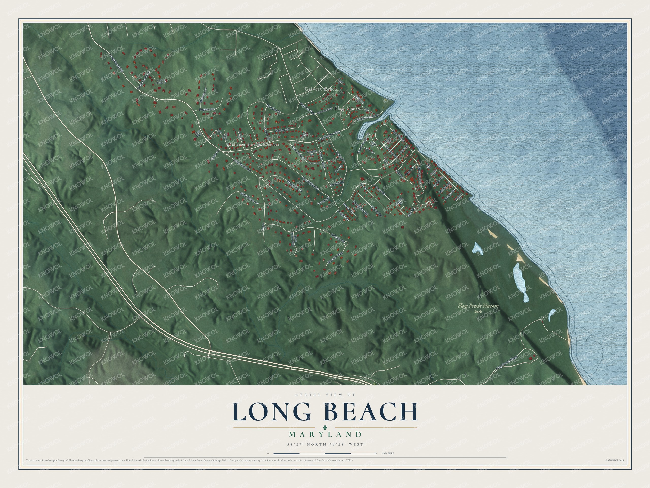 Full map of Long Beach, Maryland, with red buildings, printed street names and the land around them