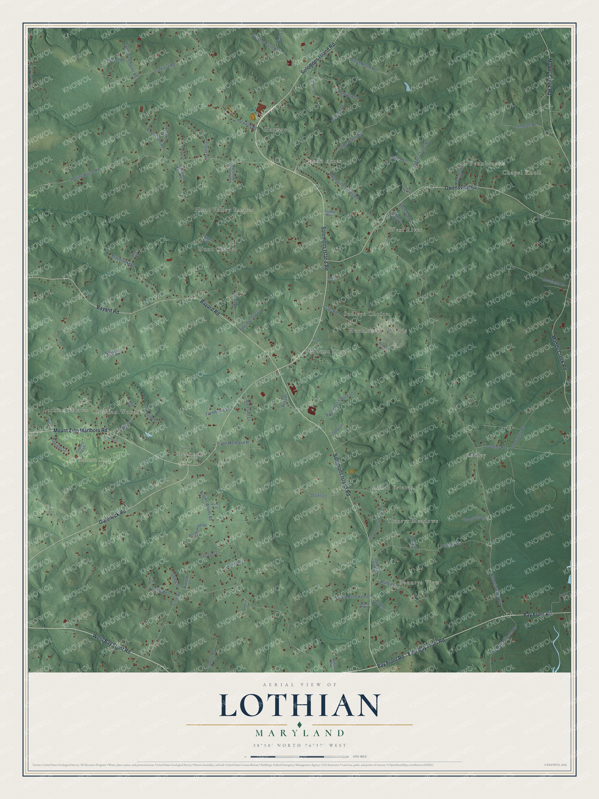 Full map of Lothian, Maryland, with red buildings, printed street names and the land around them
