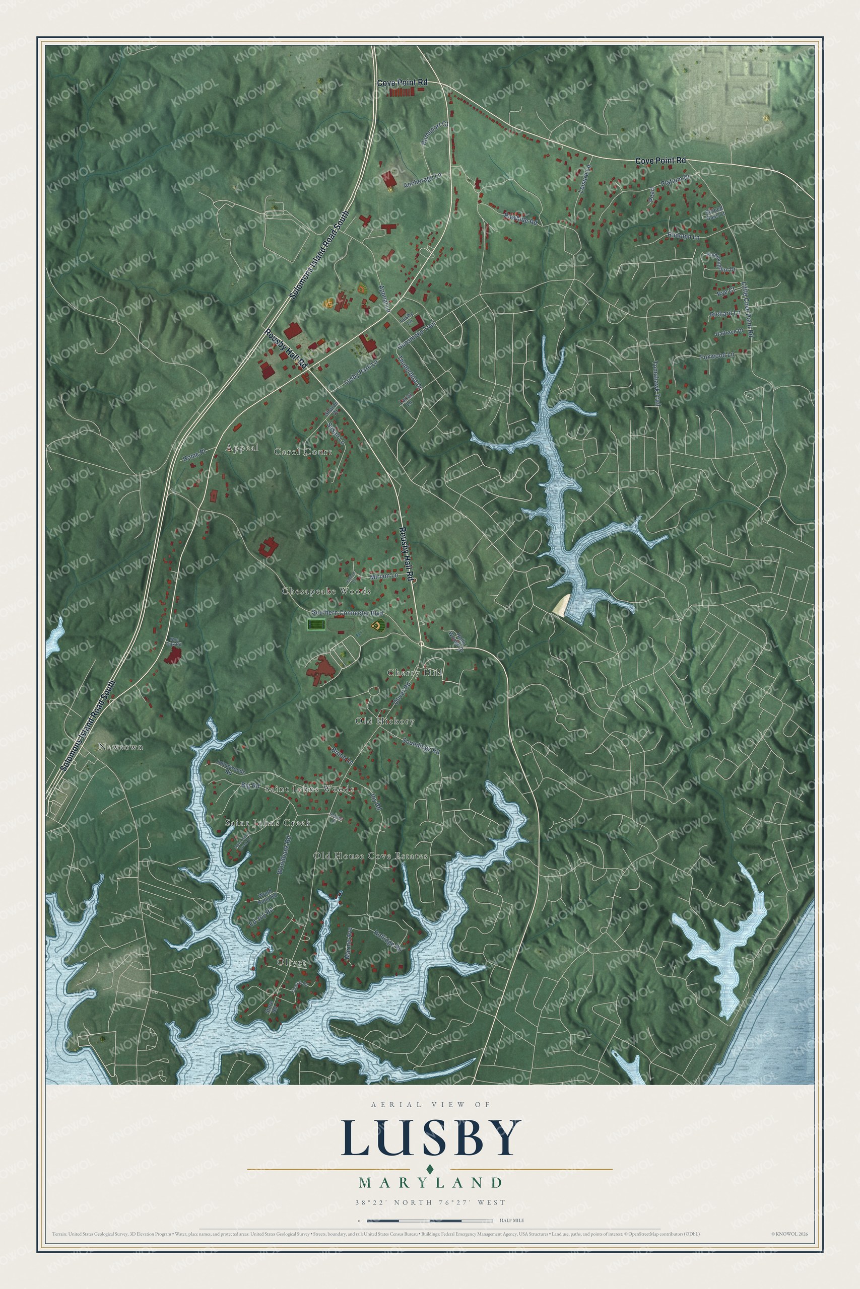 Full map of Lusby, Maryland, with red buildings, printed street names and the land around them