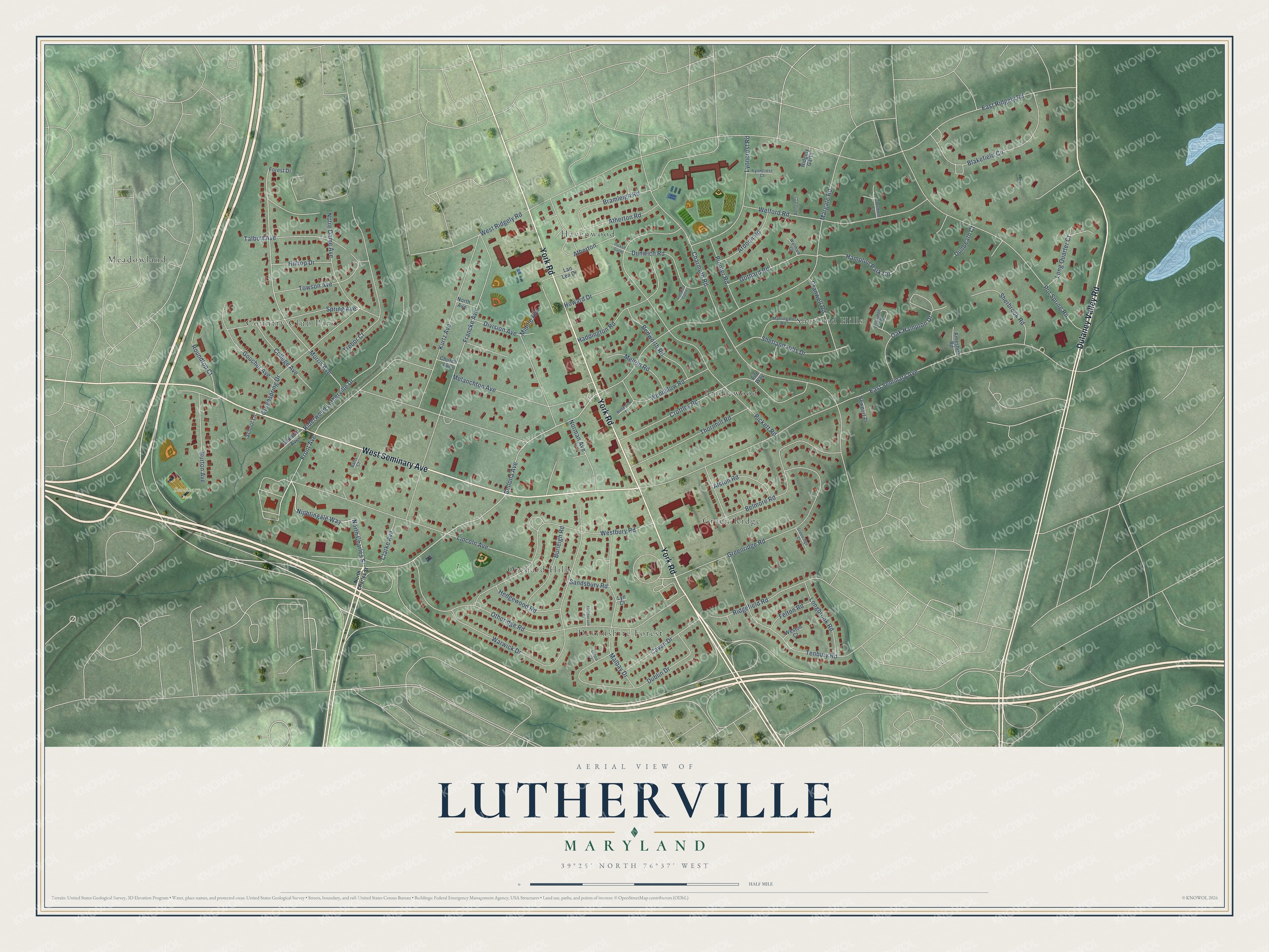 Full map of Lutherville, Maryland, with red buildings, printed street names and the land around them