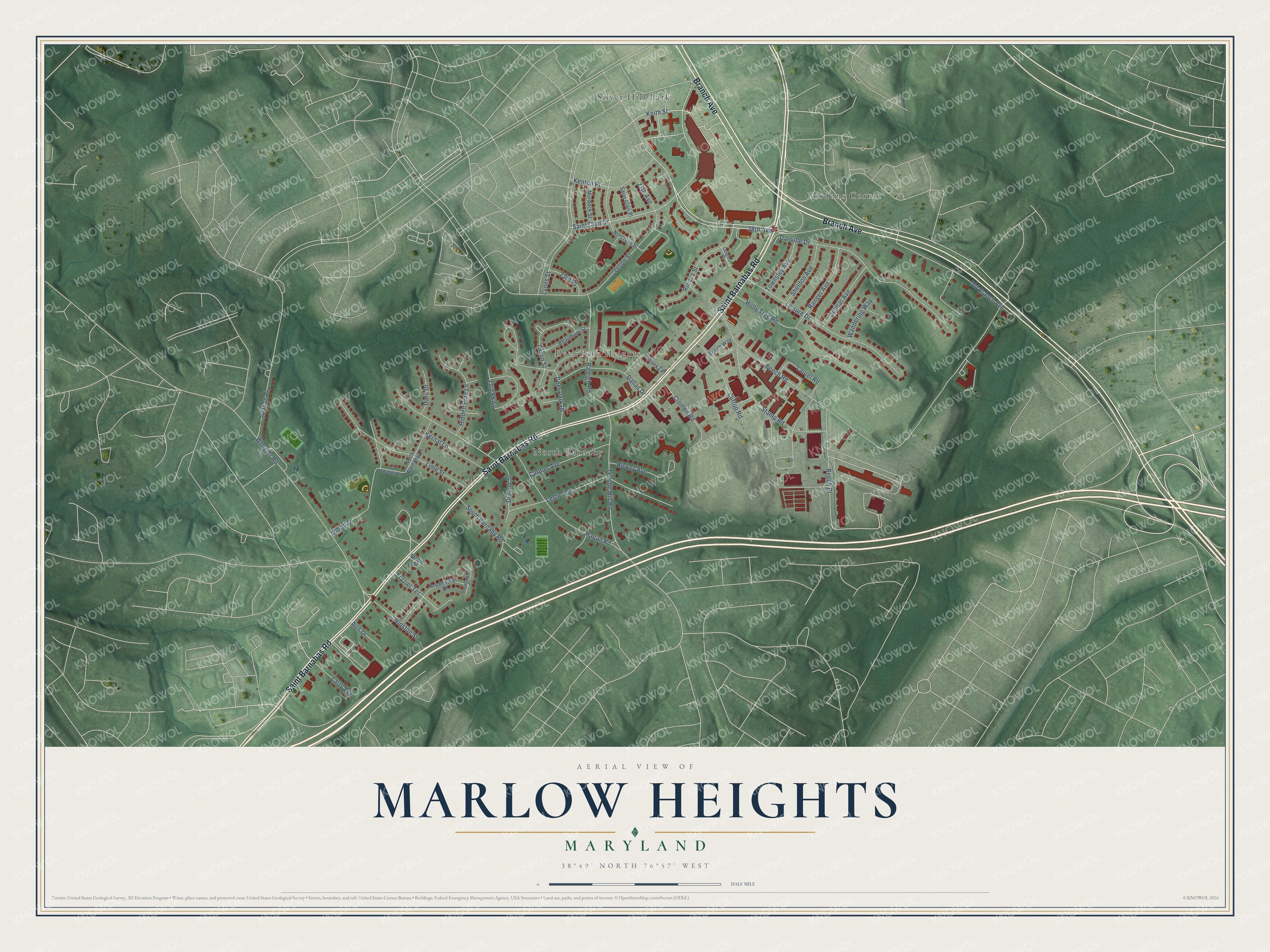 Full map of Marlow Heights, Maryland, with red buildings, printed street names and the land around them