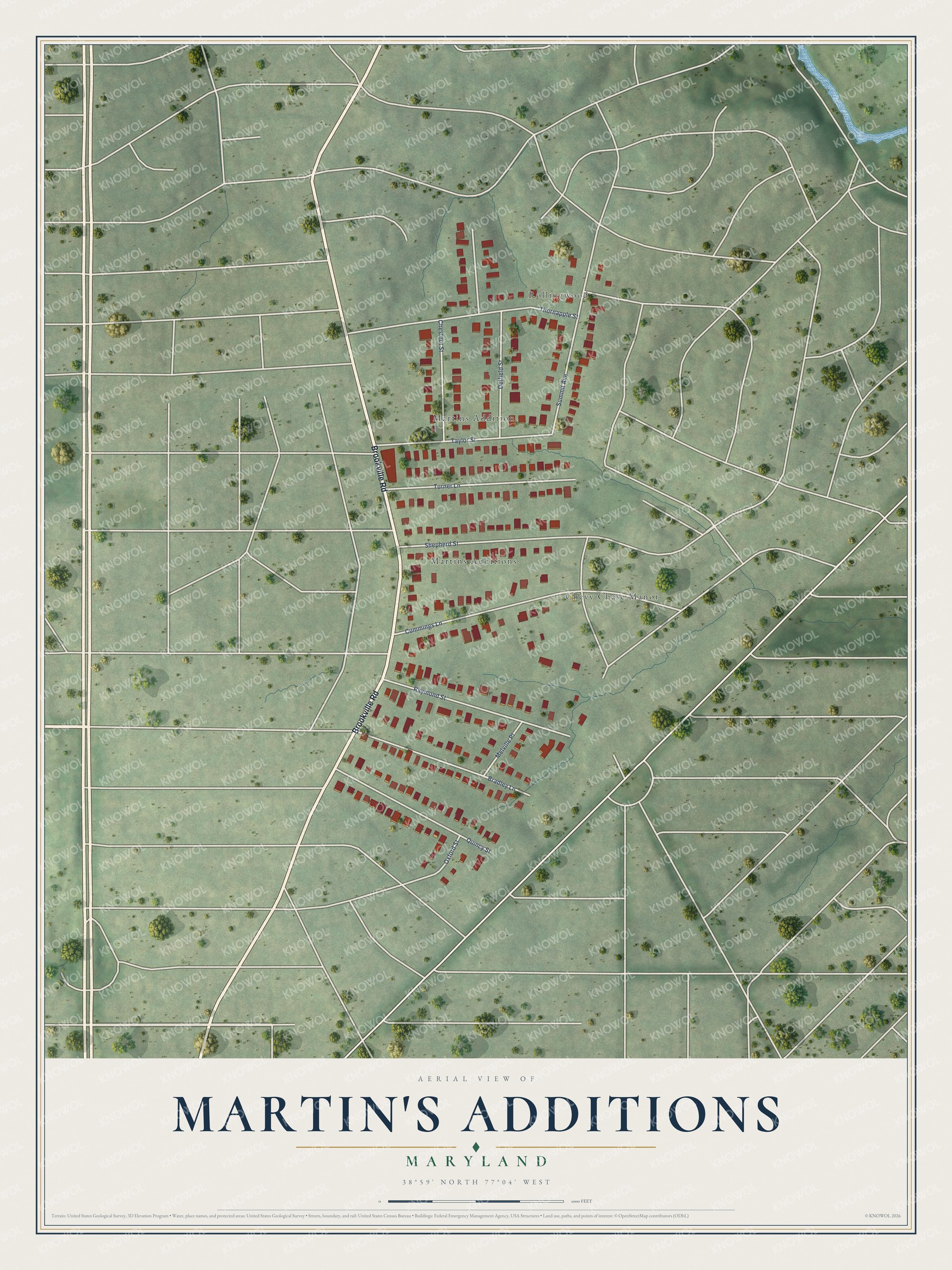 Full map of Martin's Additions, Maryland, with red buildings, printed street names and the land around them