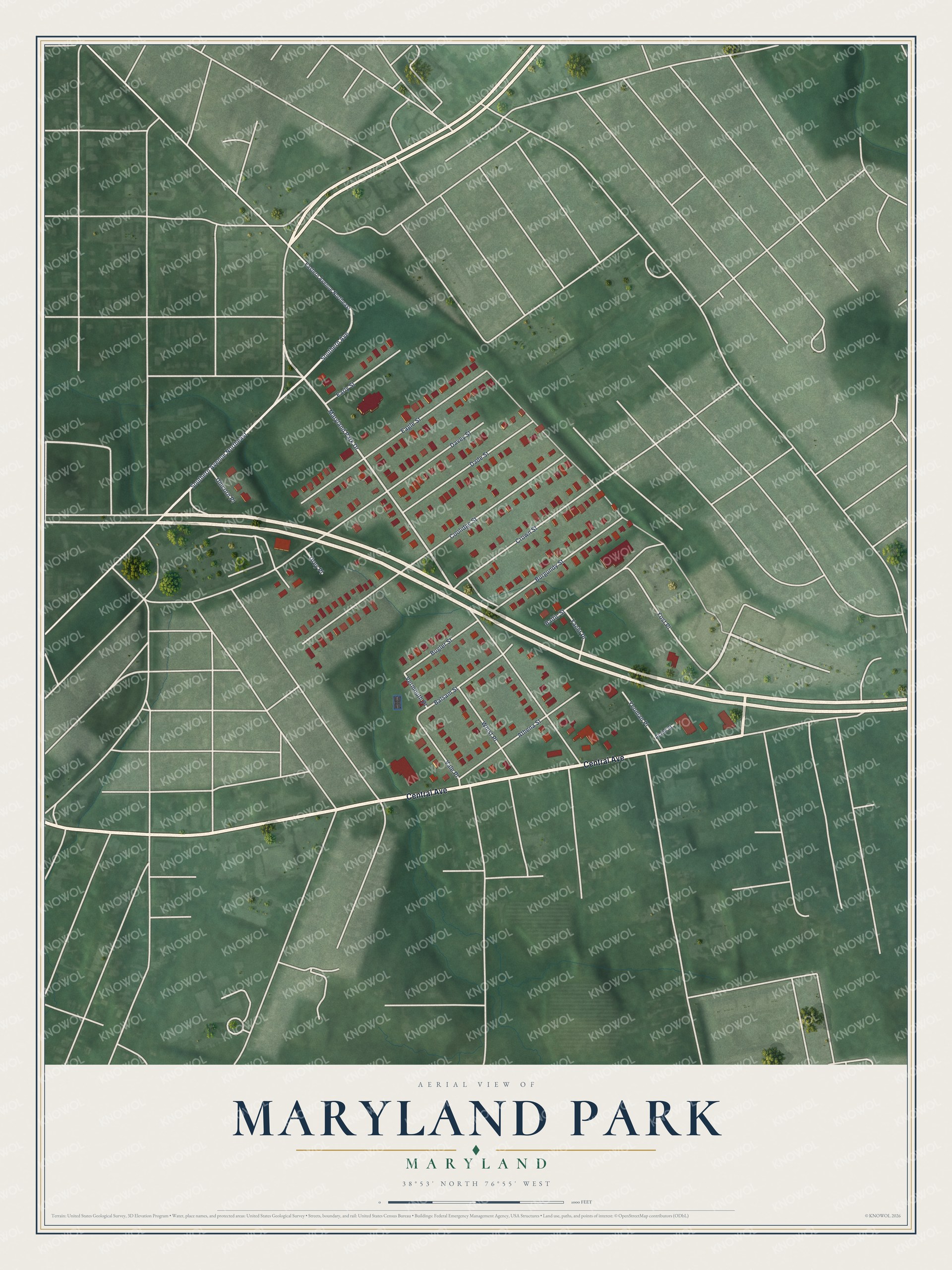 Full map of Maryland Park, Maryland, with red buildings, printed street names and the land around them