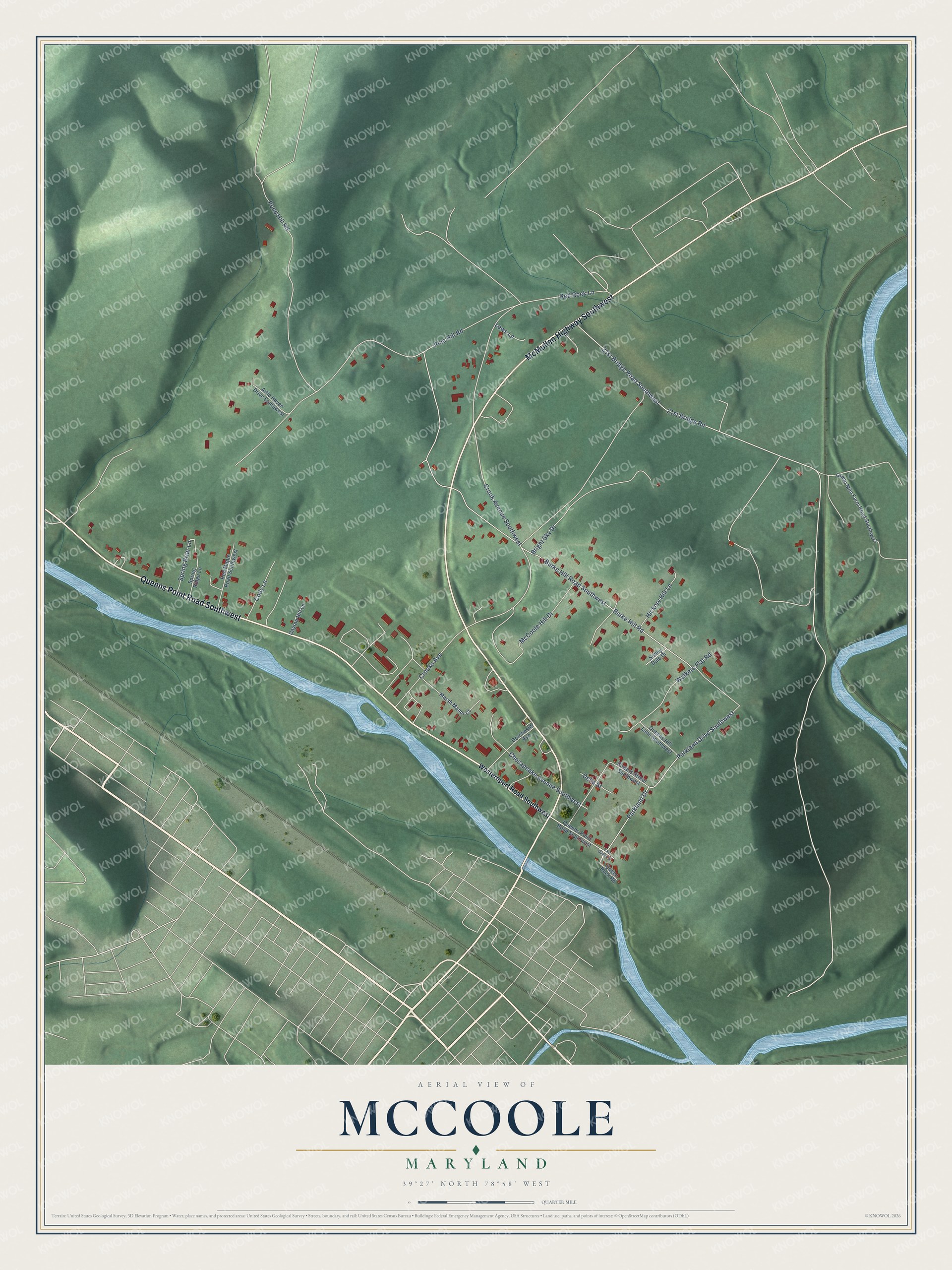 Full map of McCoole, Maryland, with red buildings, printed street names and the land around them