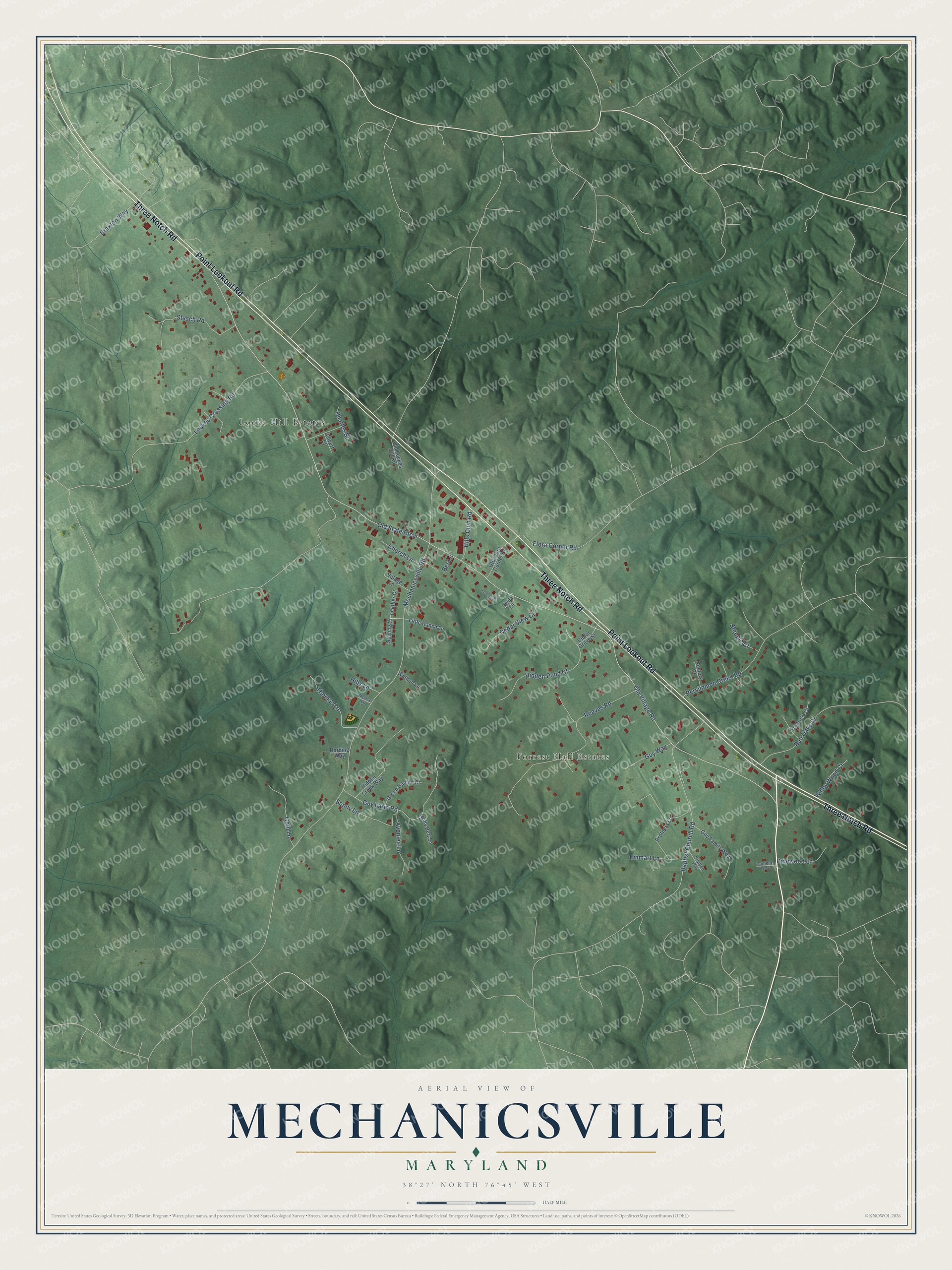 Full map of Mechanicsville, Maryland, with red buildings, printed street names and the land around them