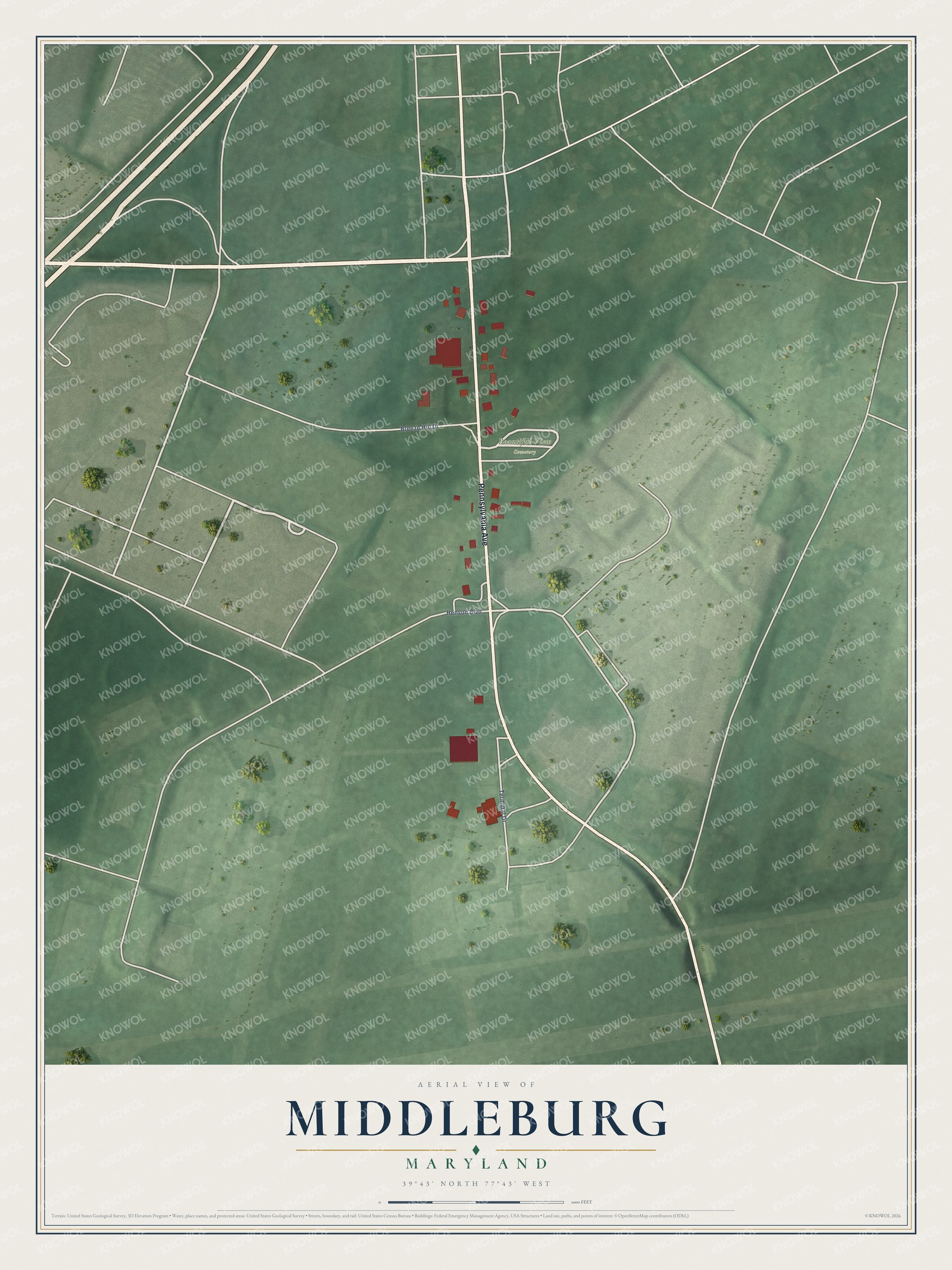 Full map of Middleburg, Maryland, with red buildings, printed street names and the land around them