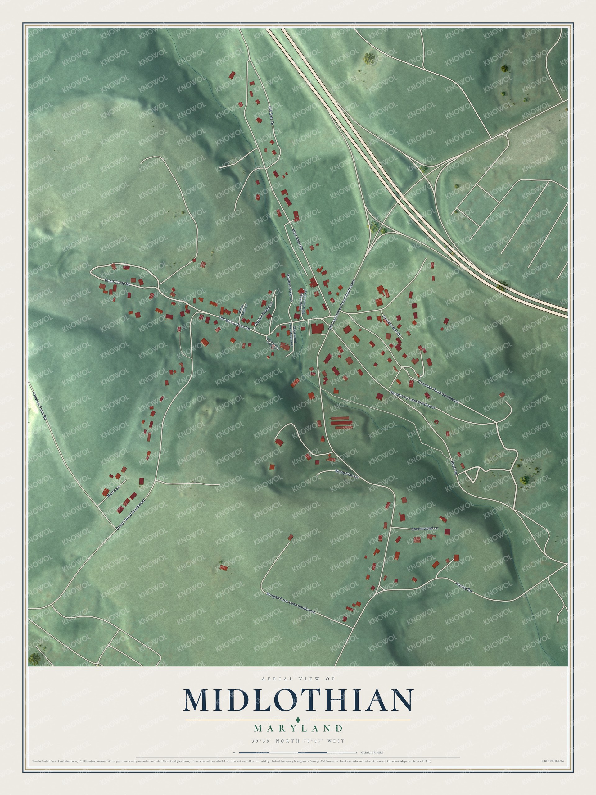 Full map of Midlothian, Maryland, with red buildings, printed street names and the land around them