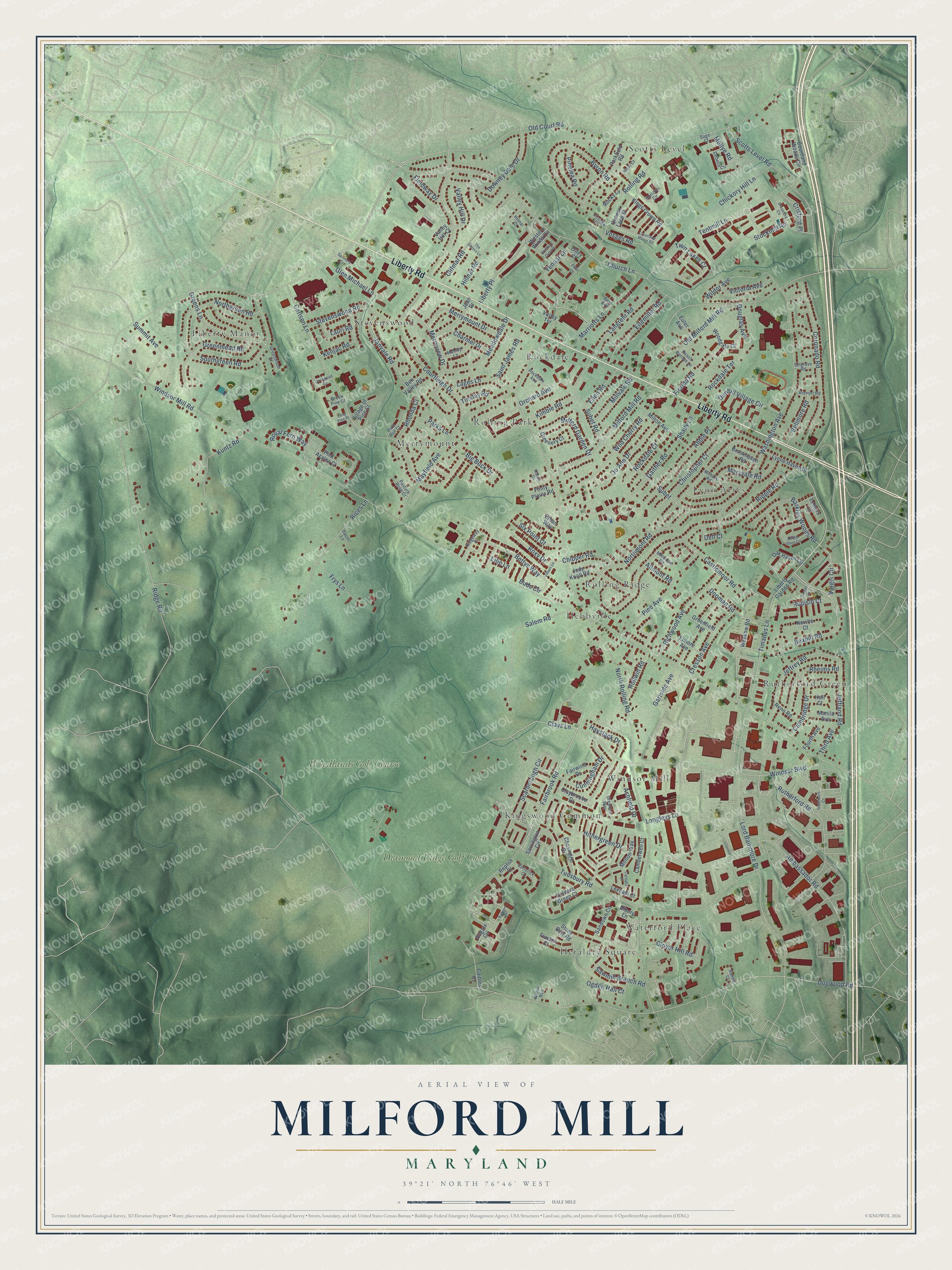 Full map of Milford Mill, Maryland, with red buildings, printed street names and the land around them