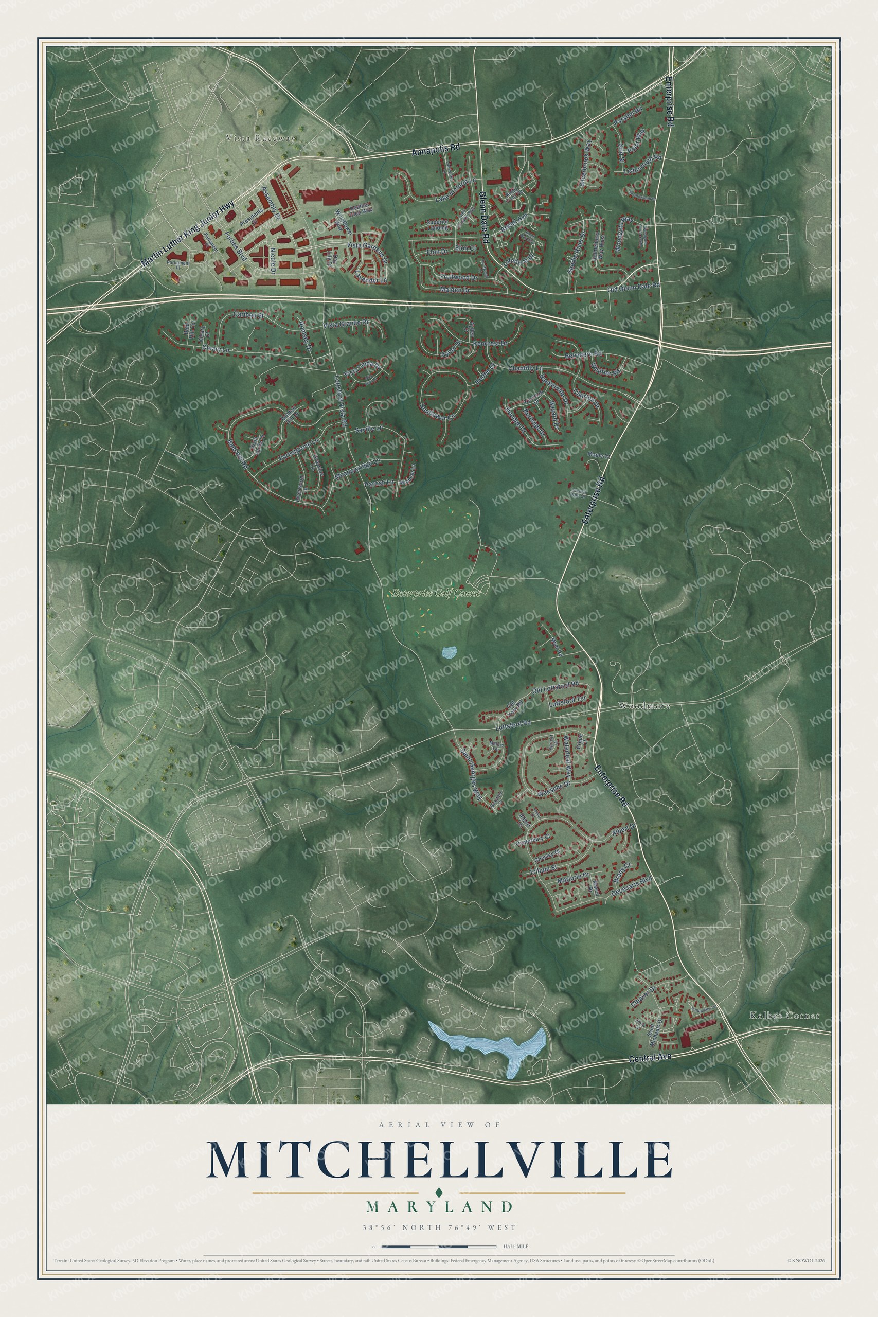 Full map of Mitchellville, Maryland, with red buildings, printed street names and the land around them