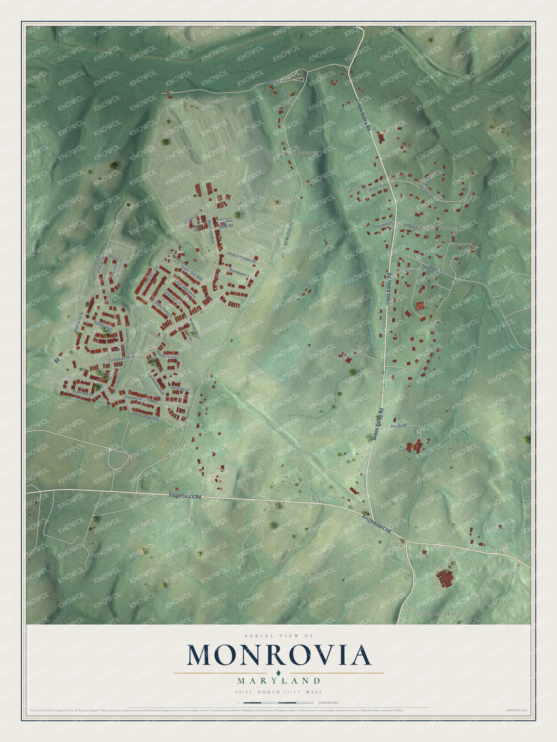 Full map of Monrovia, Maryland, with red buildings, printed street names and the land around them
