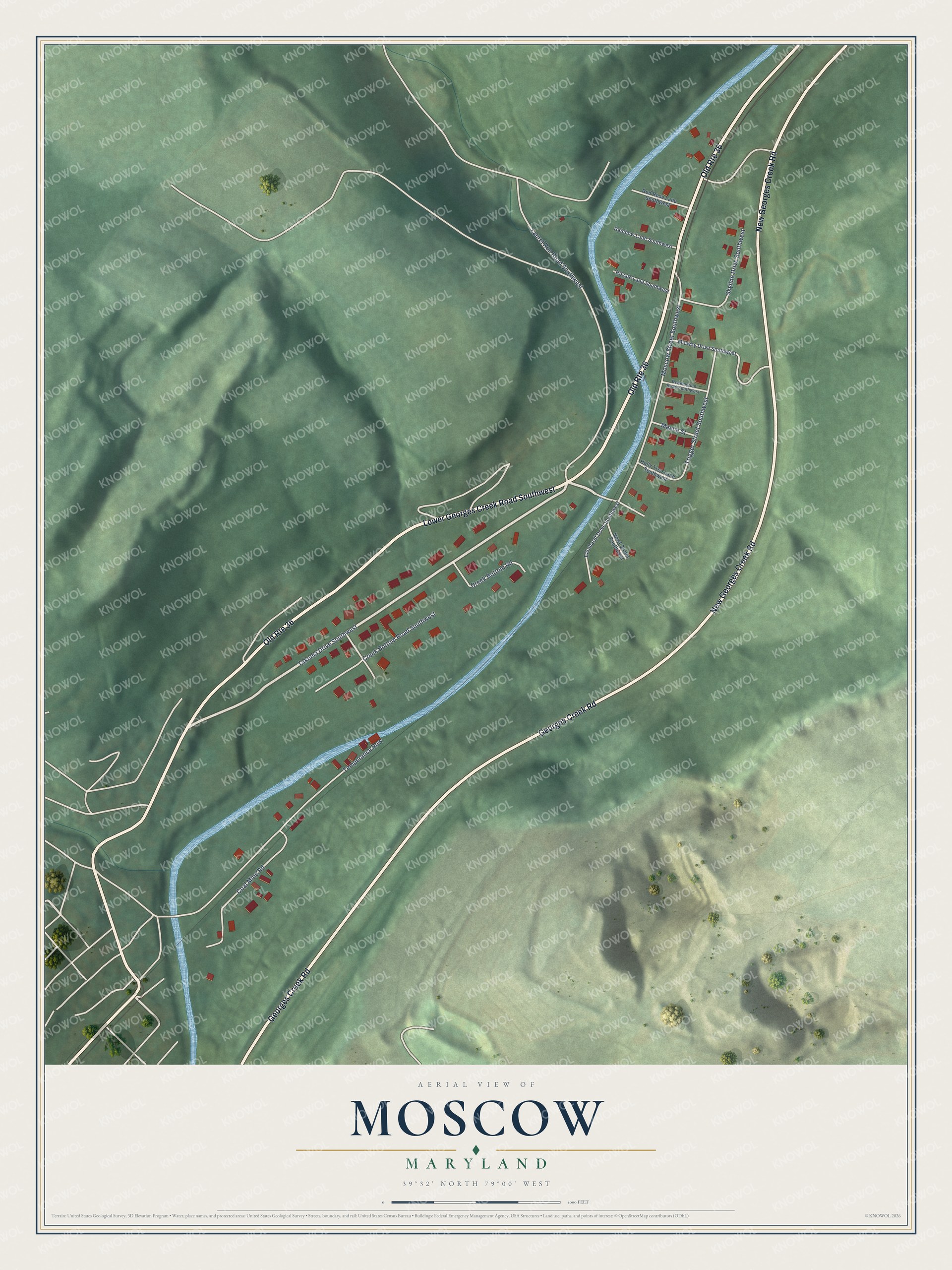 Full map of Moscow, Maryland, with red buildings, printed street names and the land around them