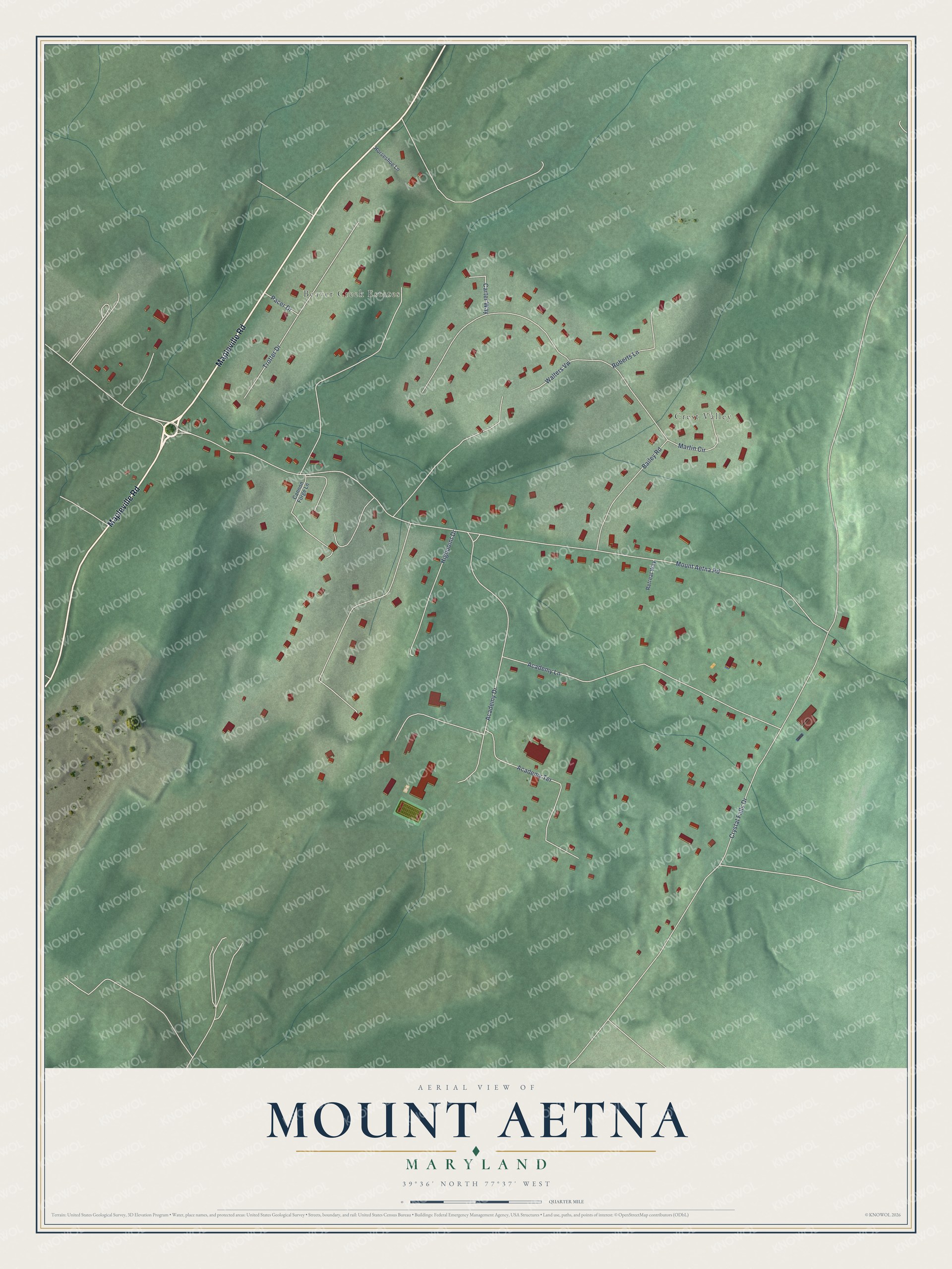 Full map of Mount Aetna, Maryland, with red buildings, printed street names and the land around them
