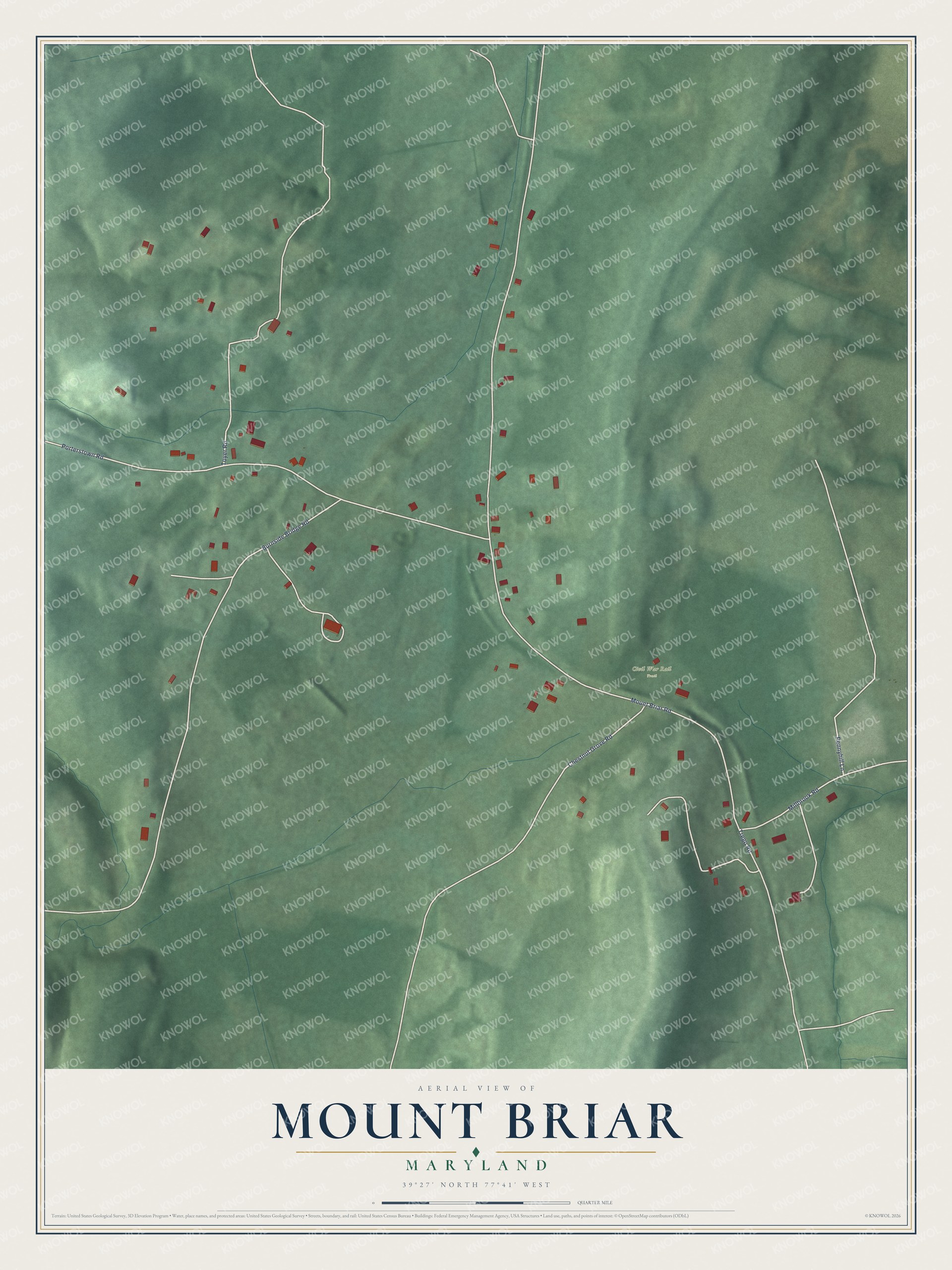 Full map of Mount Briar, Maryland, with red buildings, printed street names and the land around them