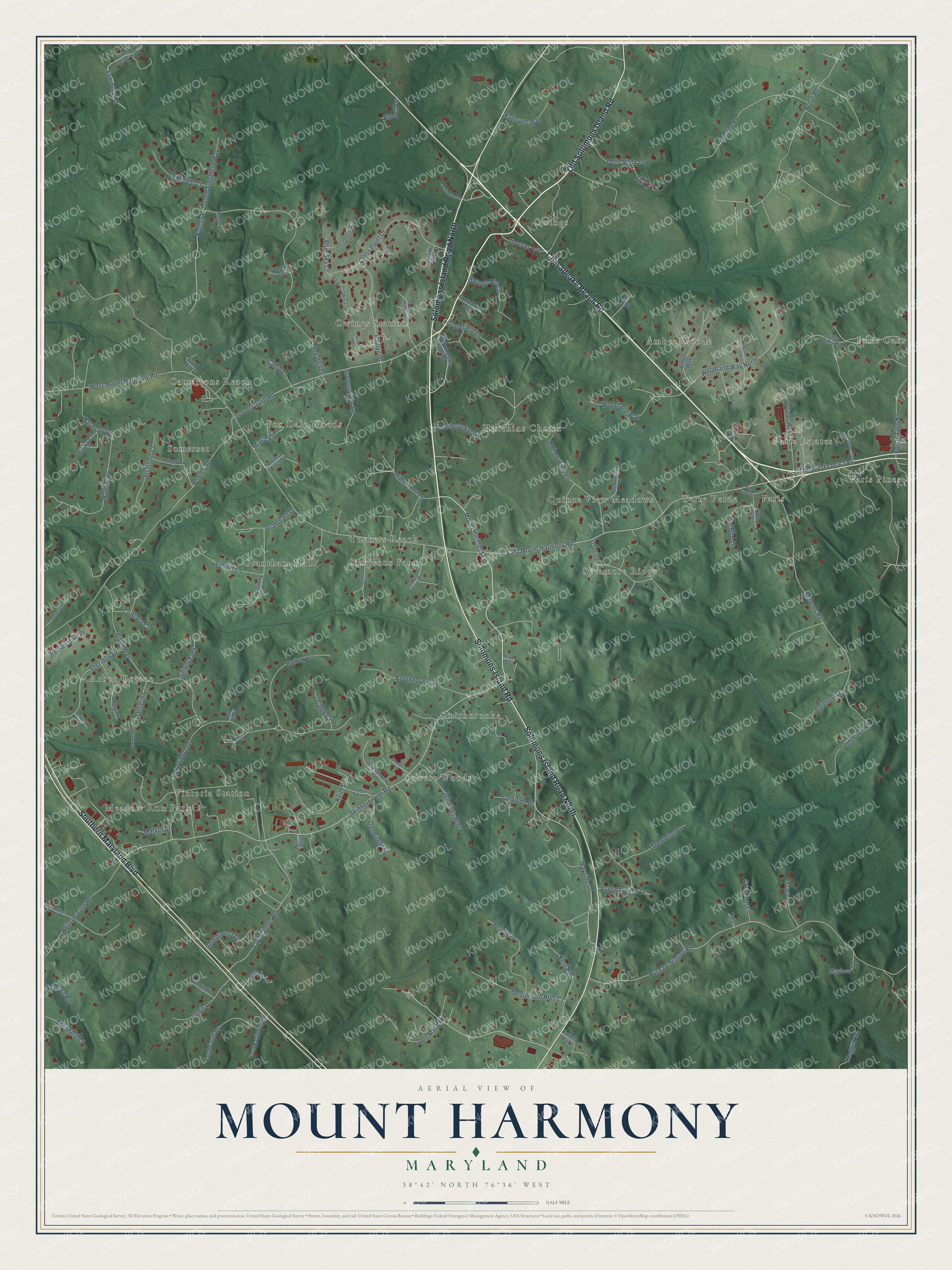 Full map of Mount Harmony, Maryland, with red buildings, printed street names and the land around them
