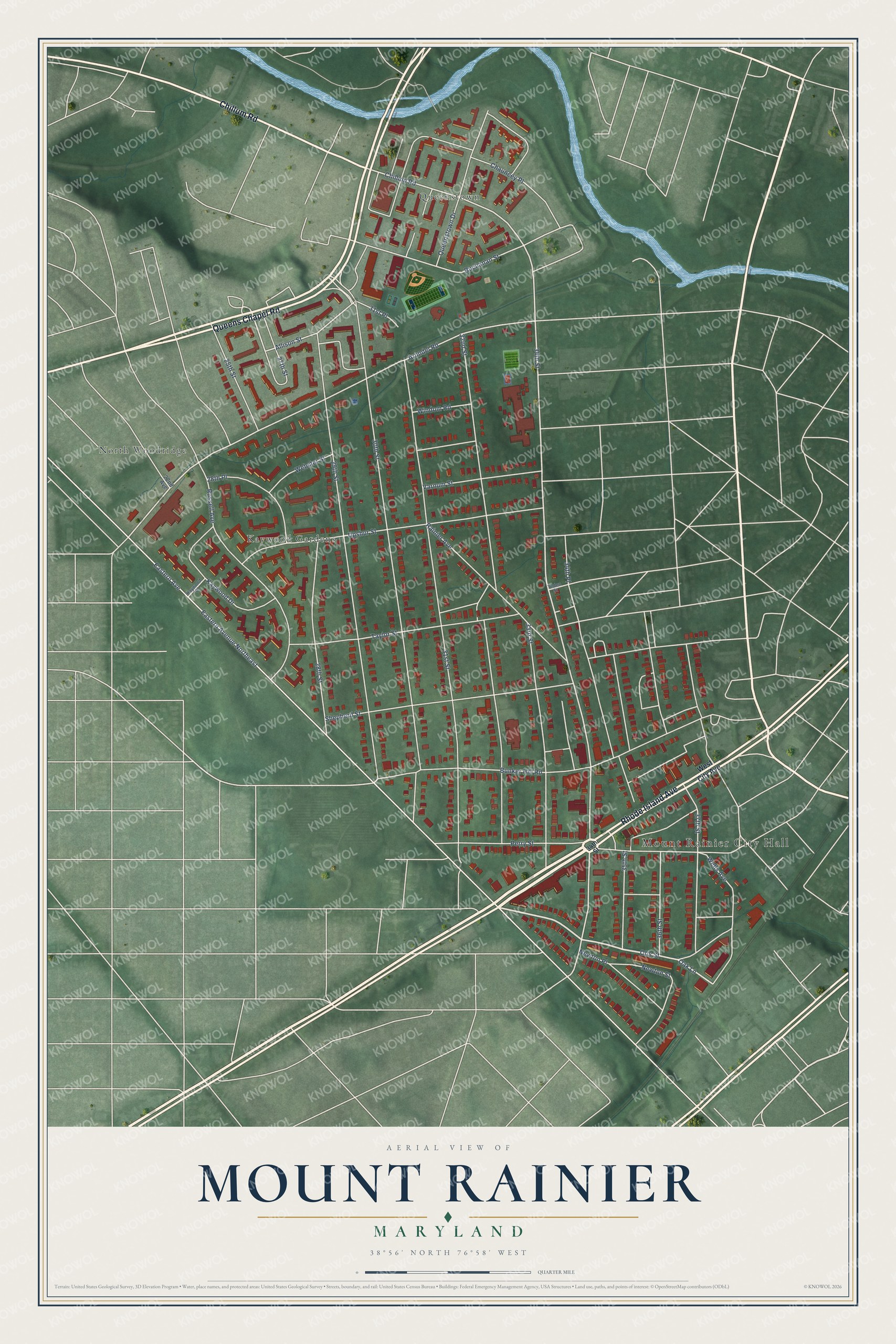 Full map of Mount Rainier, Maryland, with red buildings, printed street names and the land around them