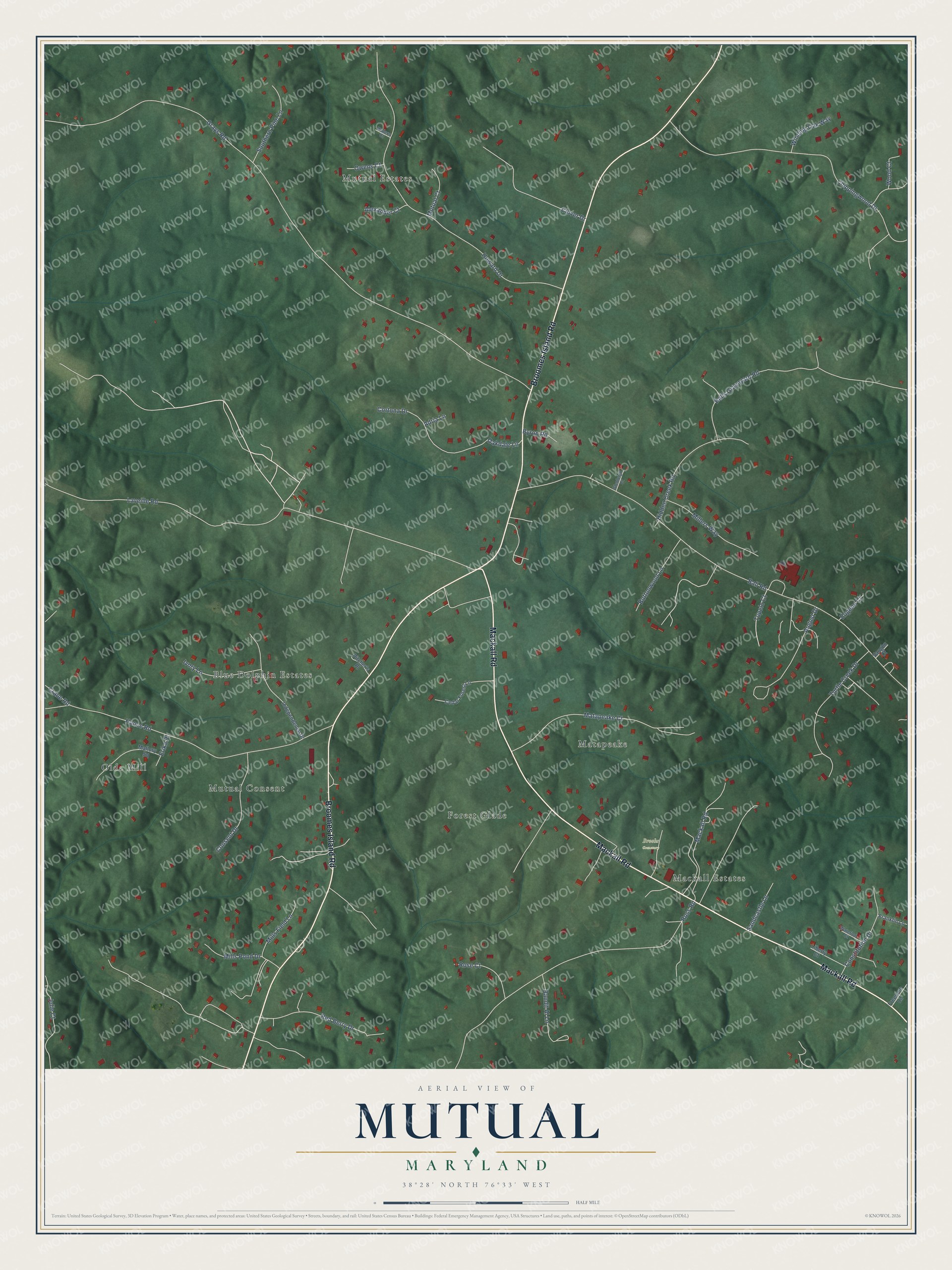 Full map of Mutual, Maryland, with red buildings, printed street names and the land around them