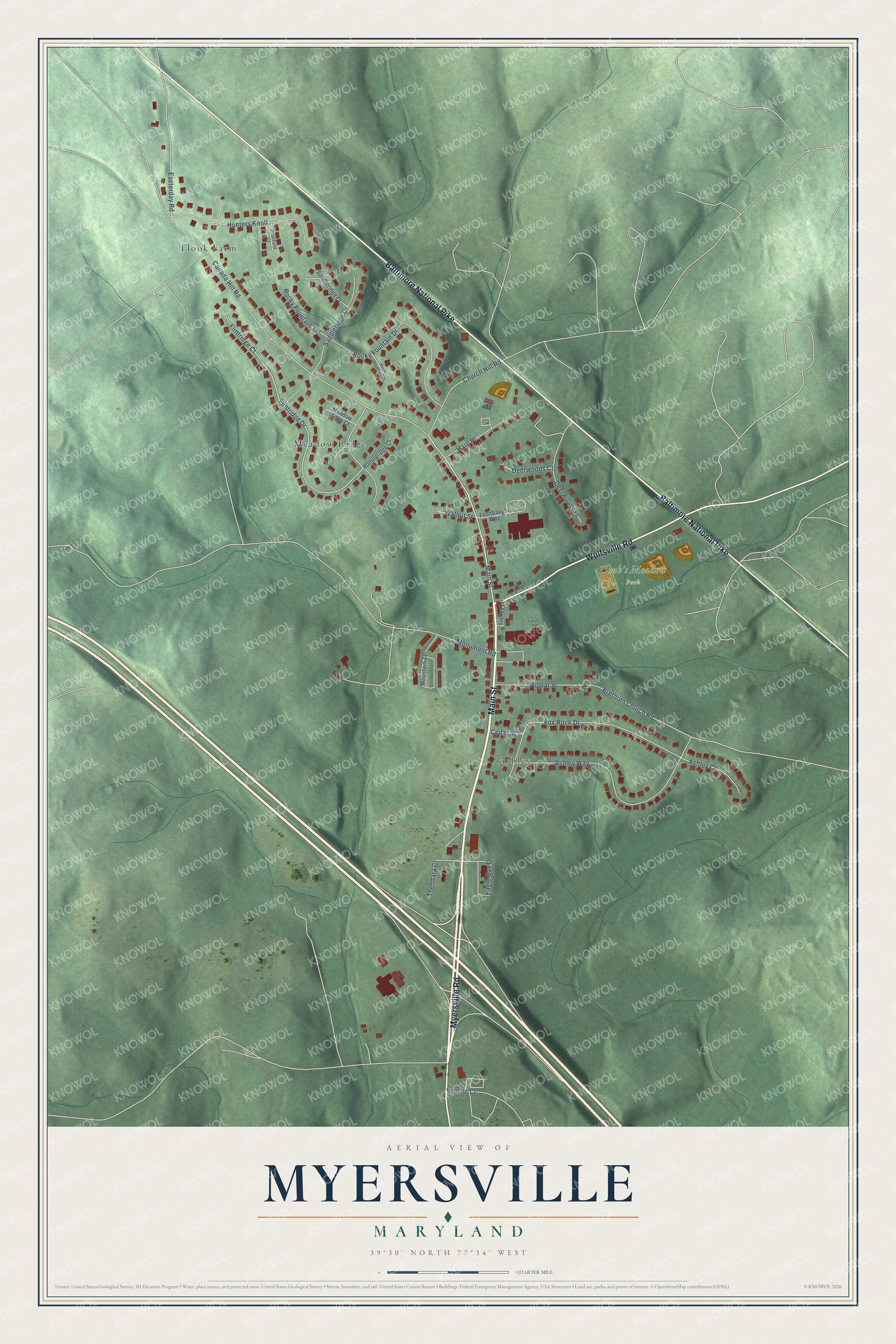 Full map of Myersville, Maryland, with red buildings, printed street names and the land around them