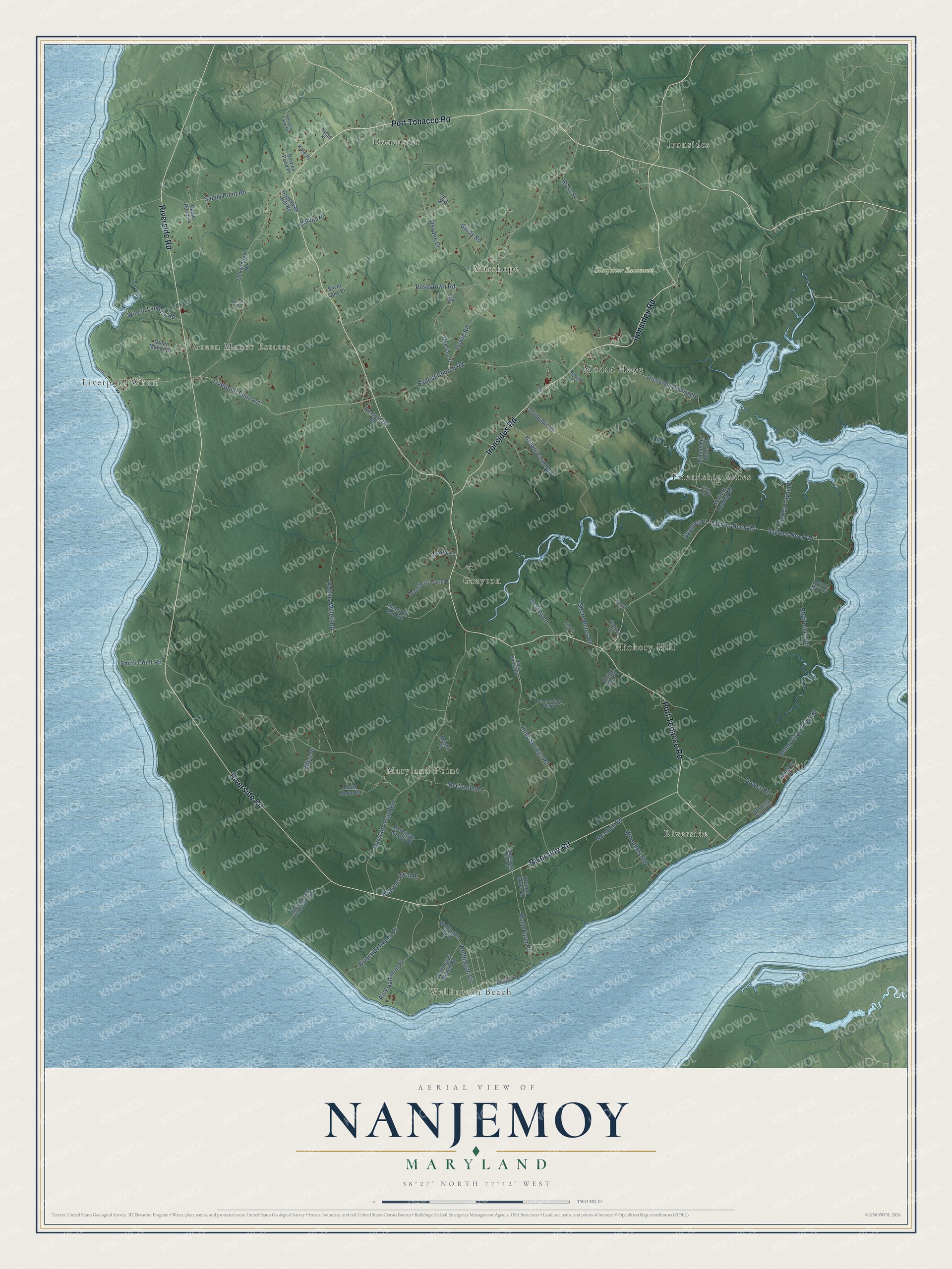 Full map of Nanjemoy, Maryland, with red buildings, printed street names and the land around them