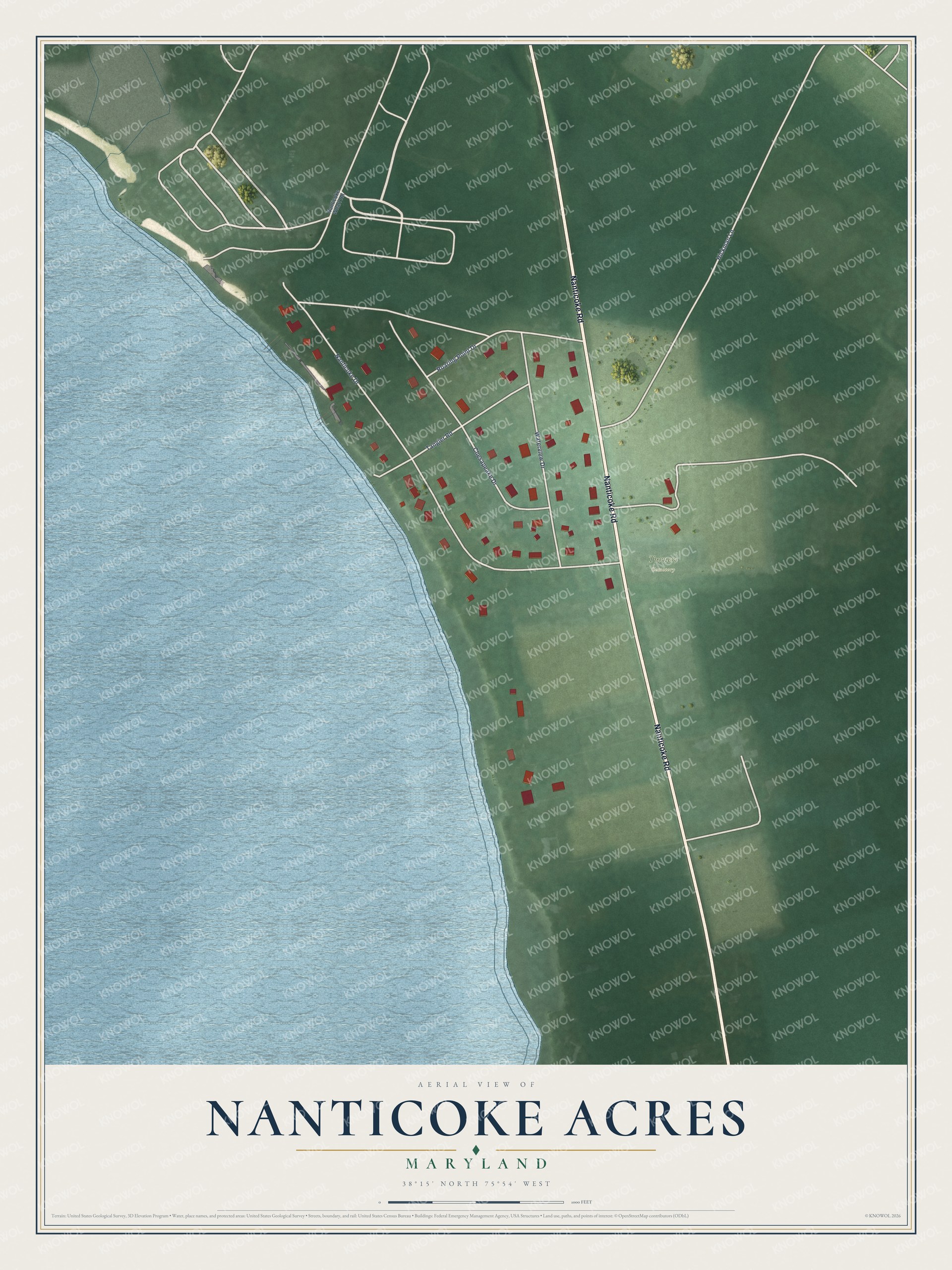 Full map of Nanticoke Acres, Maryland, with red buildings, printed street names and the land around them