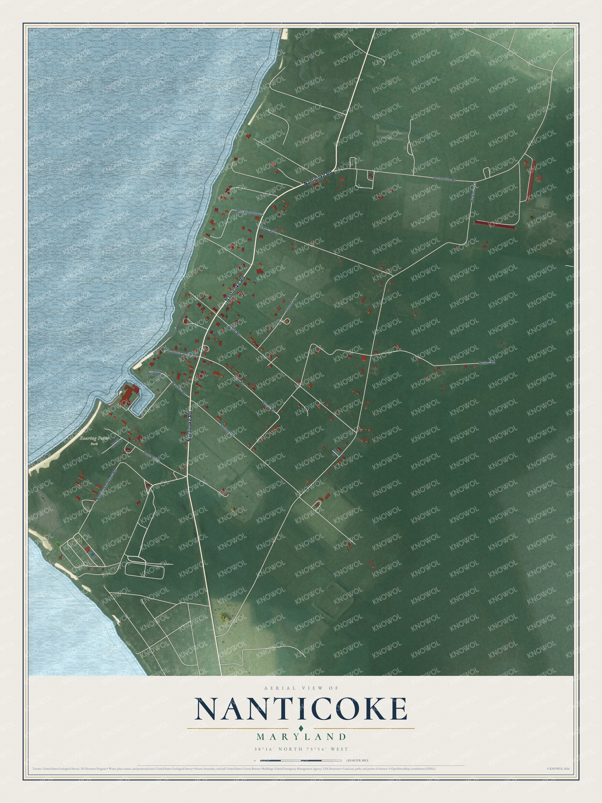 Full map of Nanticoke, Maryland, with red buildings, printed street names and the land around them