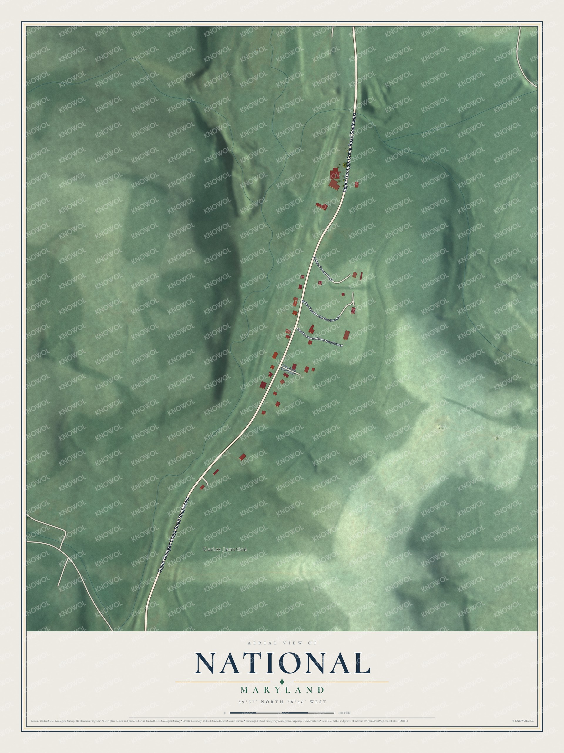 Full map of National, Maryland, with red buildings, printed street names and the land around them