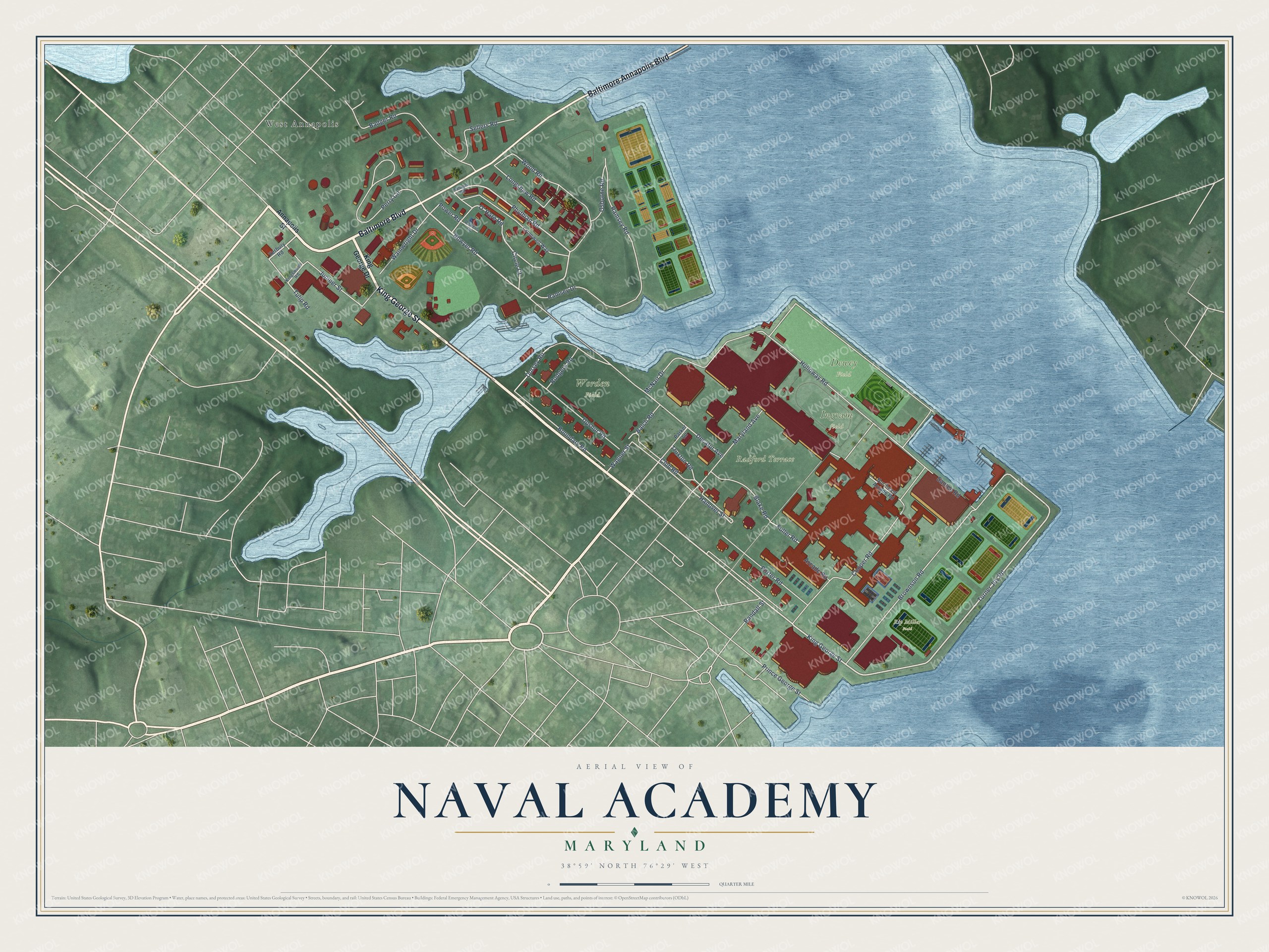 Full map of Naval Academy, Maryland, with red buildings, printed street names and the land around them