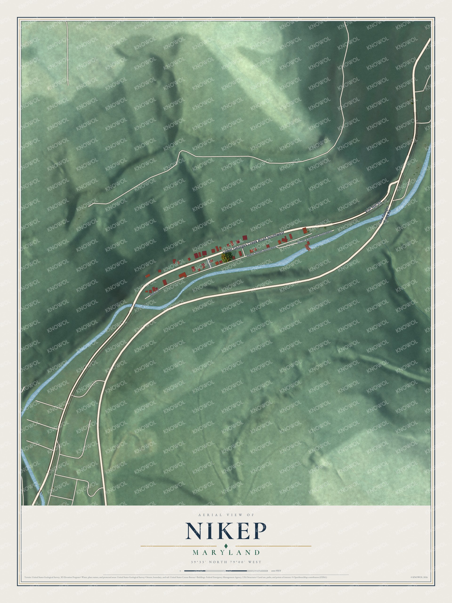 Full map of Nikep, Maryland, with red buildings, printed street names and the land around them