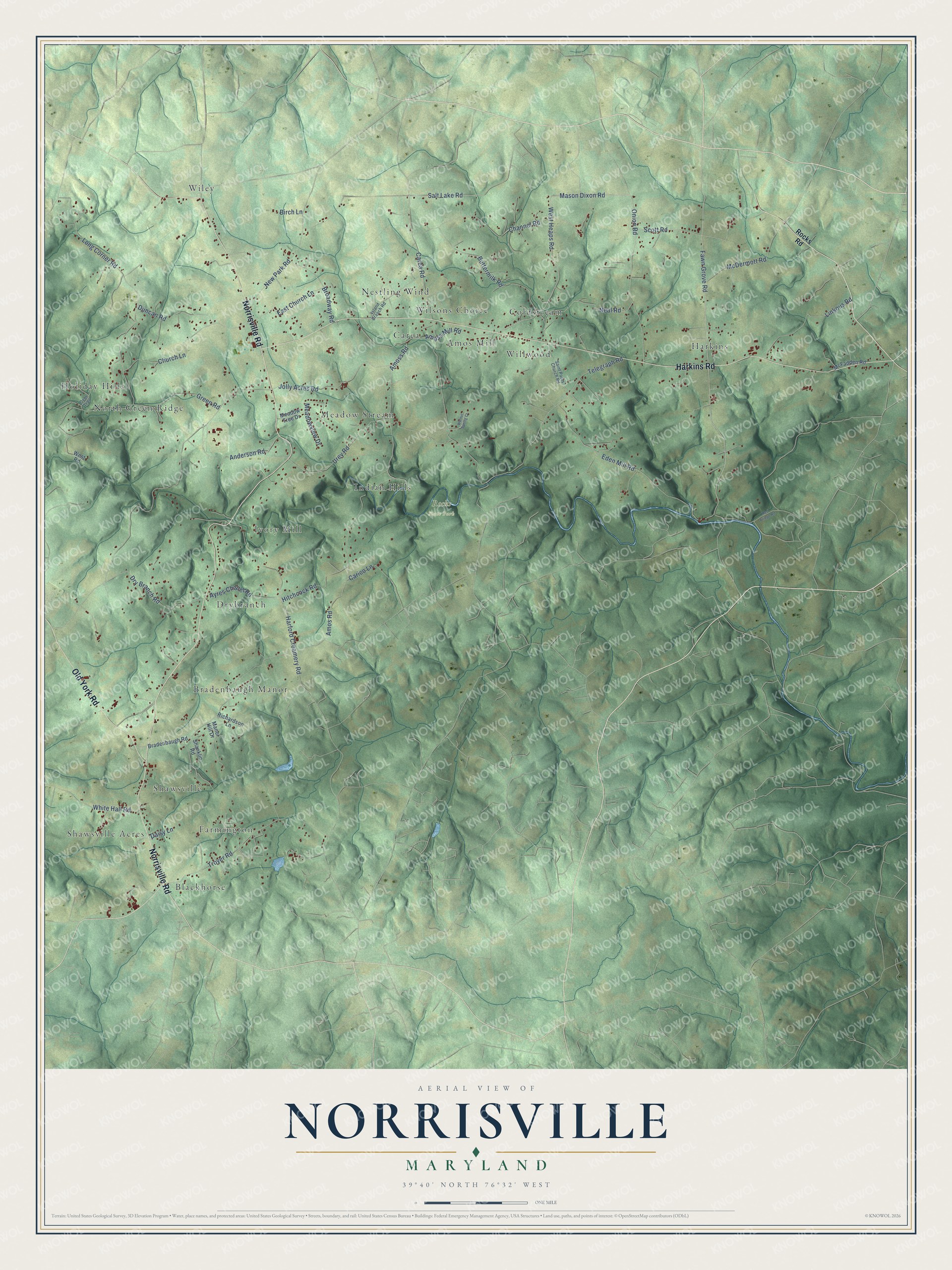 Full map of Norrisville, Maryland, with red buildings, printed street names and the land around them