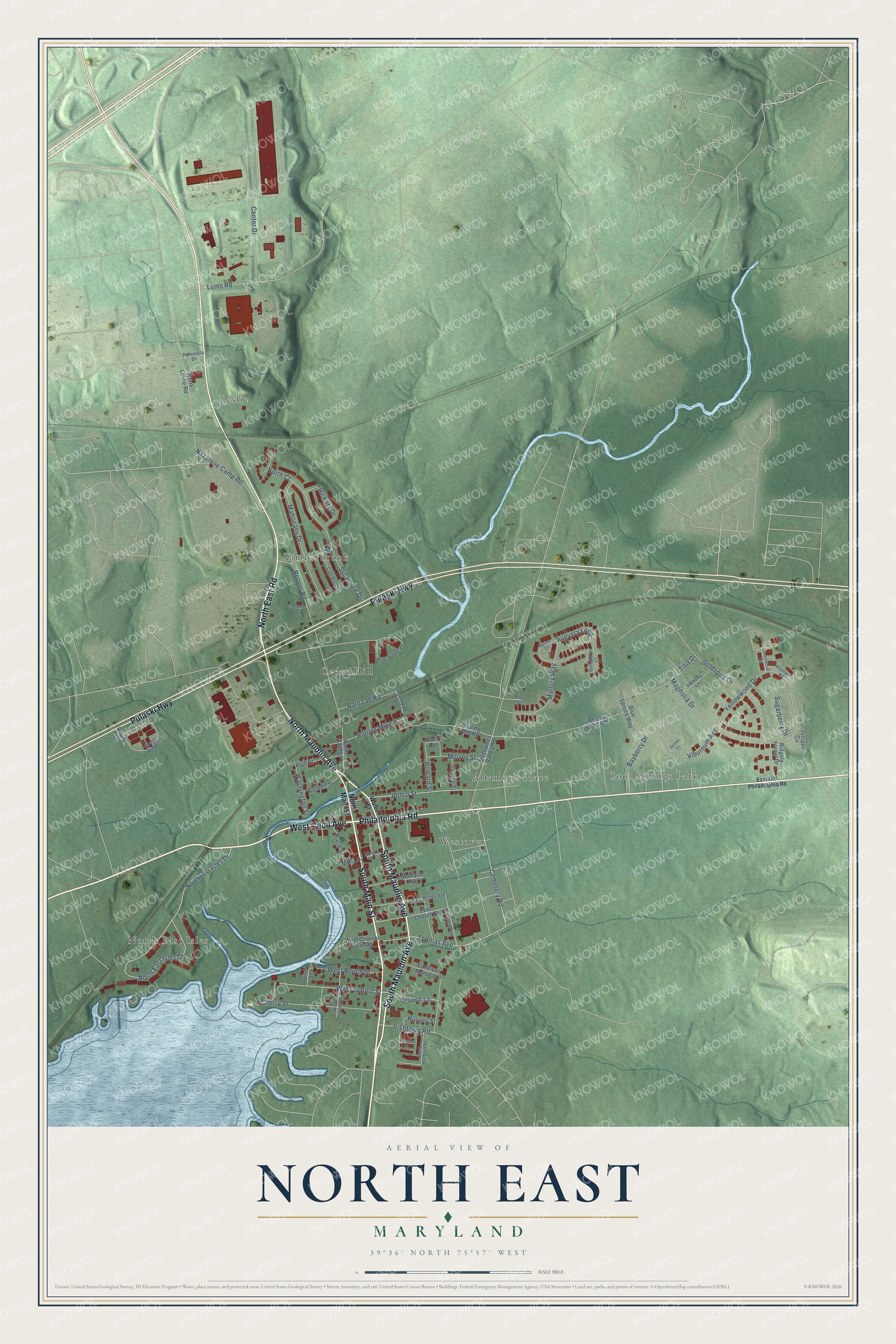 Full map of North East, Maryland, with red buildings, printed street names and the land around them
