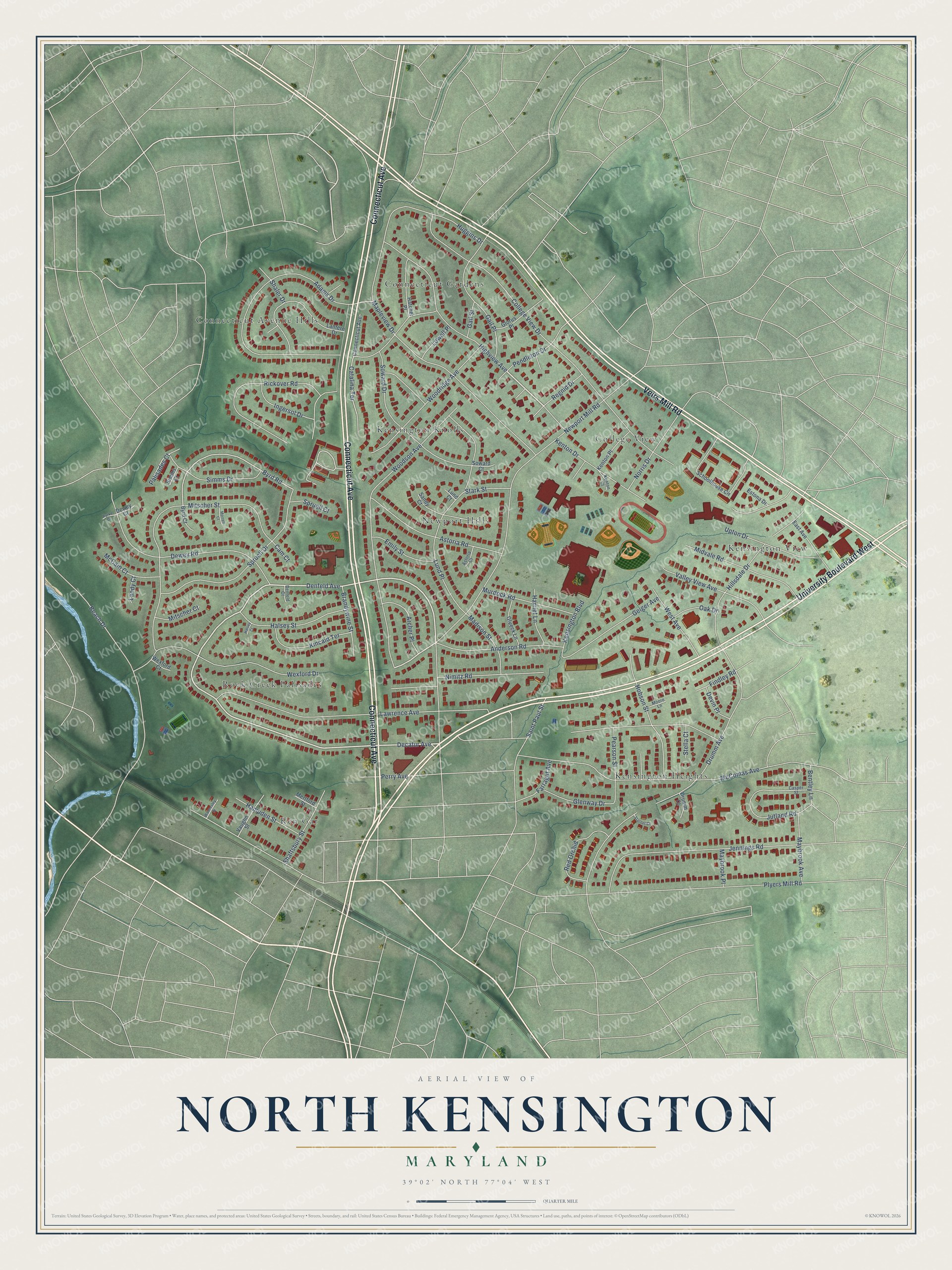 Full map of North Kensington, Maryland, with red buildings, printed street names and the land around them