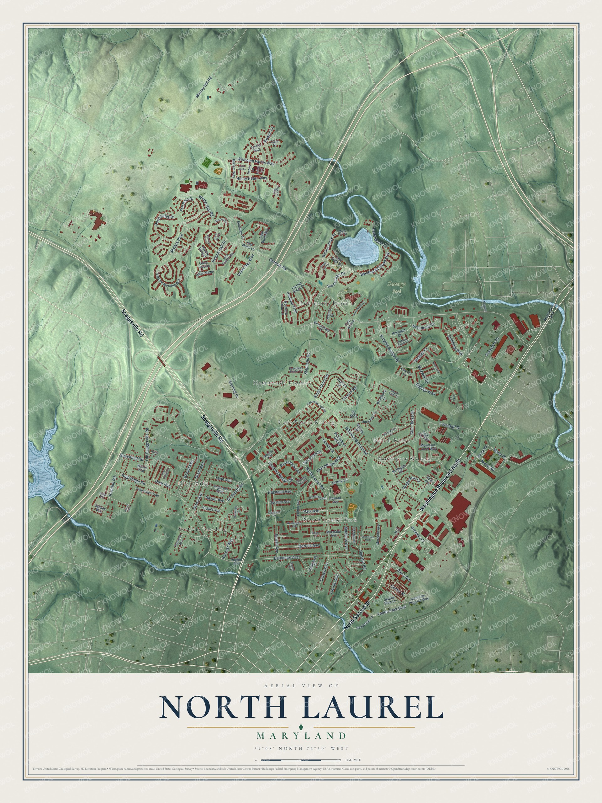 Full map of North Laurel, Maryland, with red buildings, printed street names and the land around them