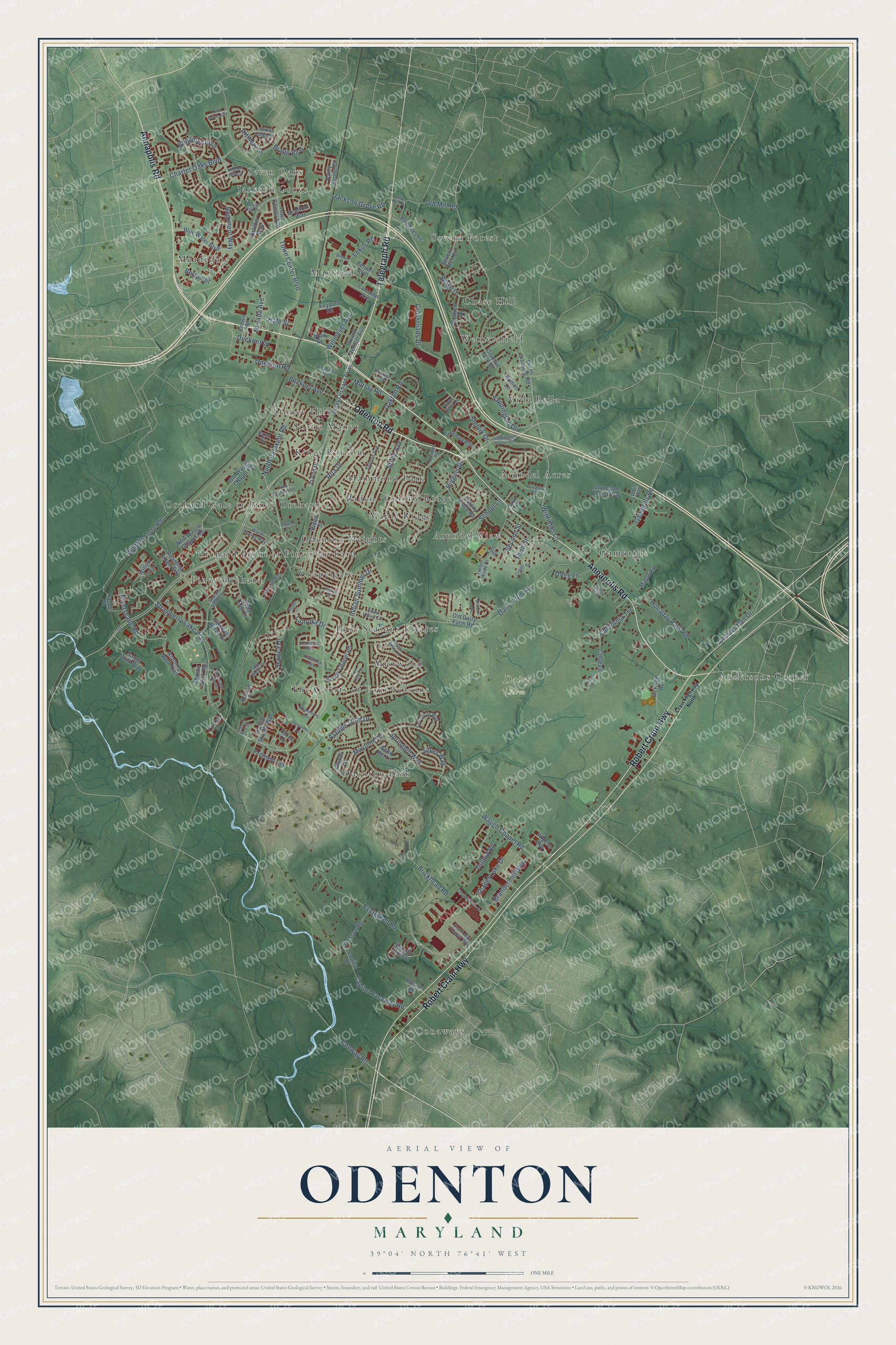 Full map of Odenton, Maryland, with red buildings, printed street names and the land around them