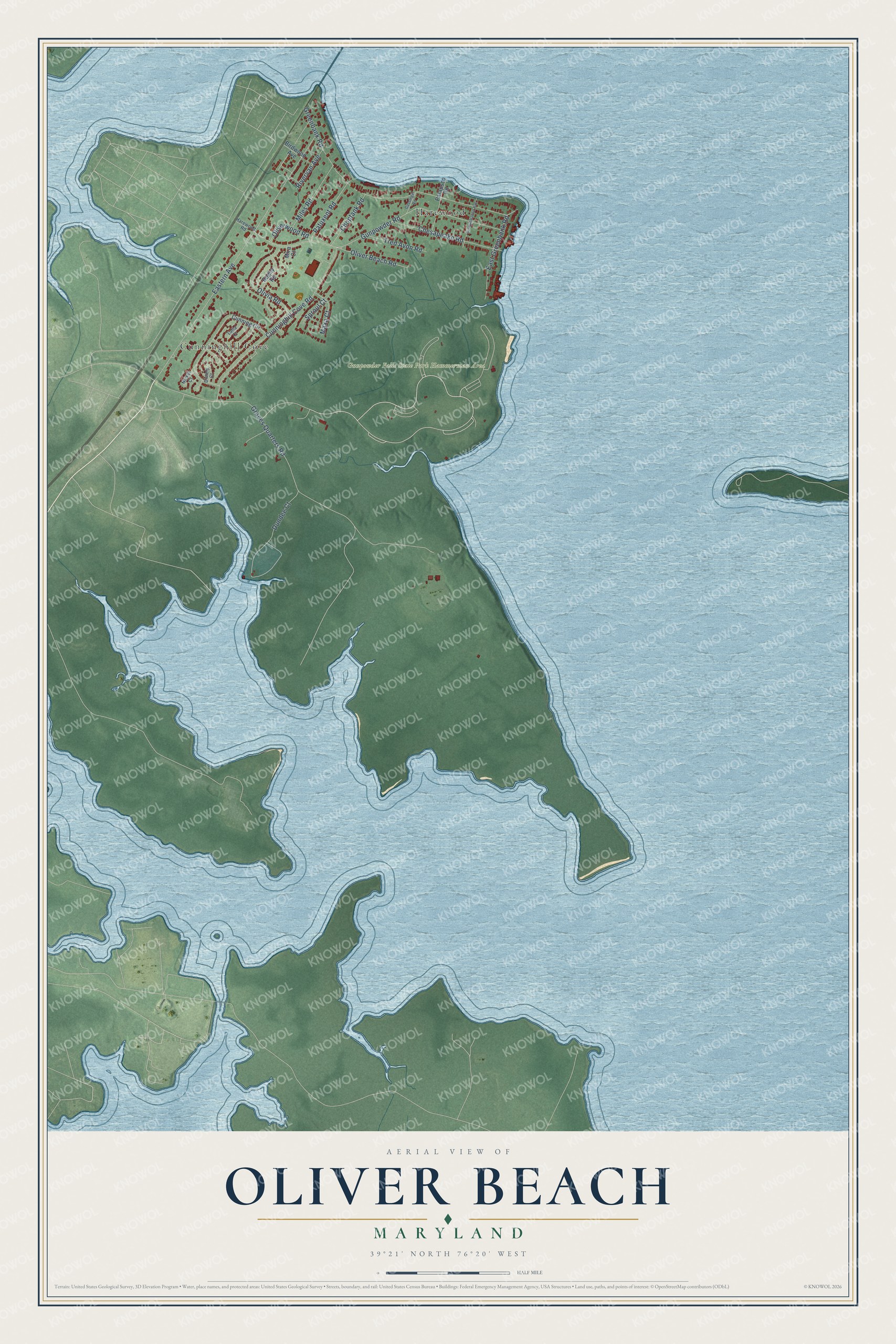 Full map of Oliver Beach, Maryland, with red buildings, printed street names and the land around them