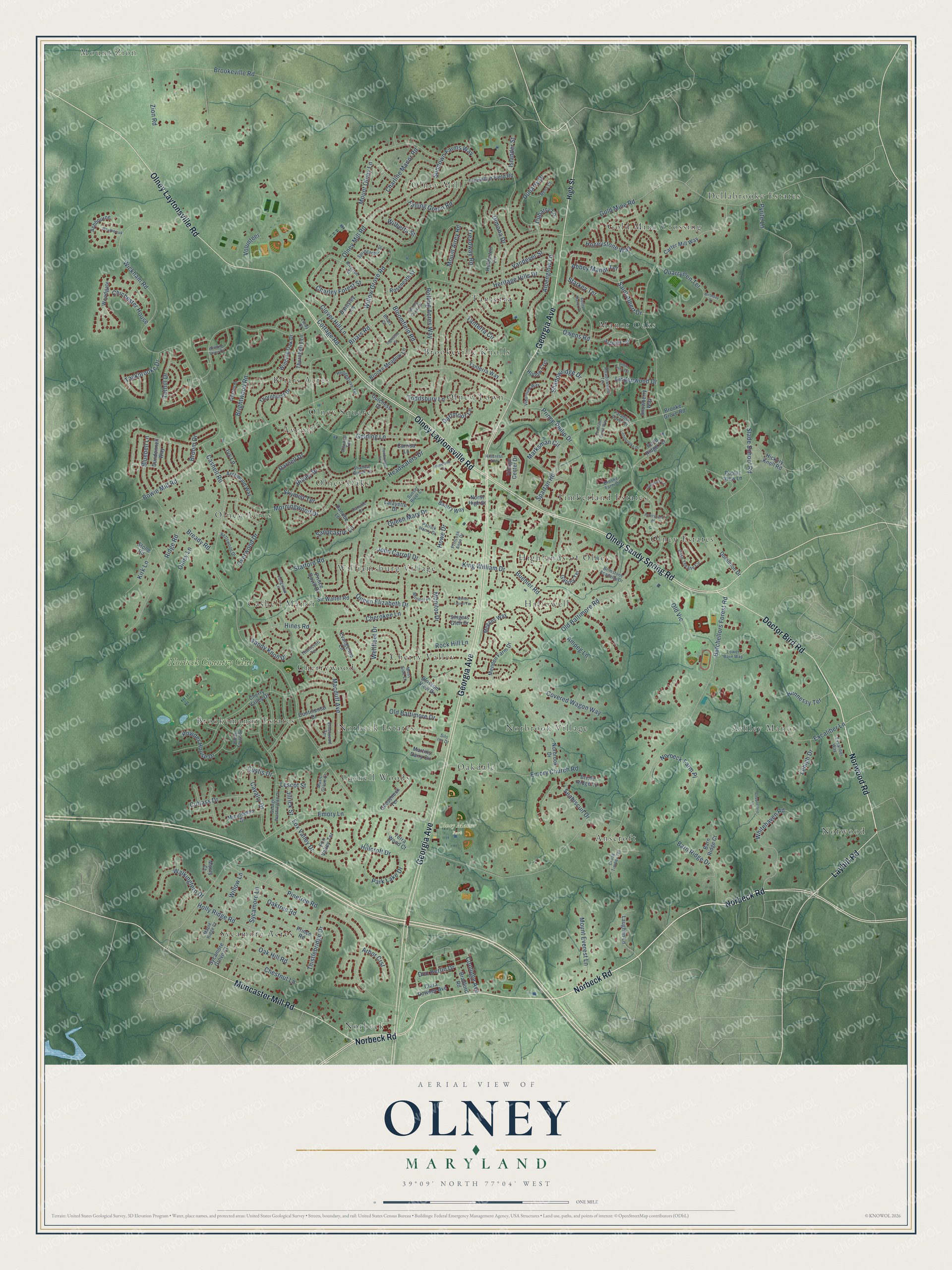 Full map of Olney, Maryland, with red buildings, printed street names and the land around them