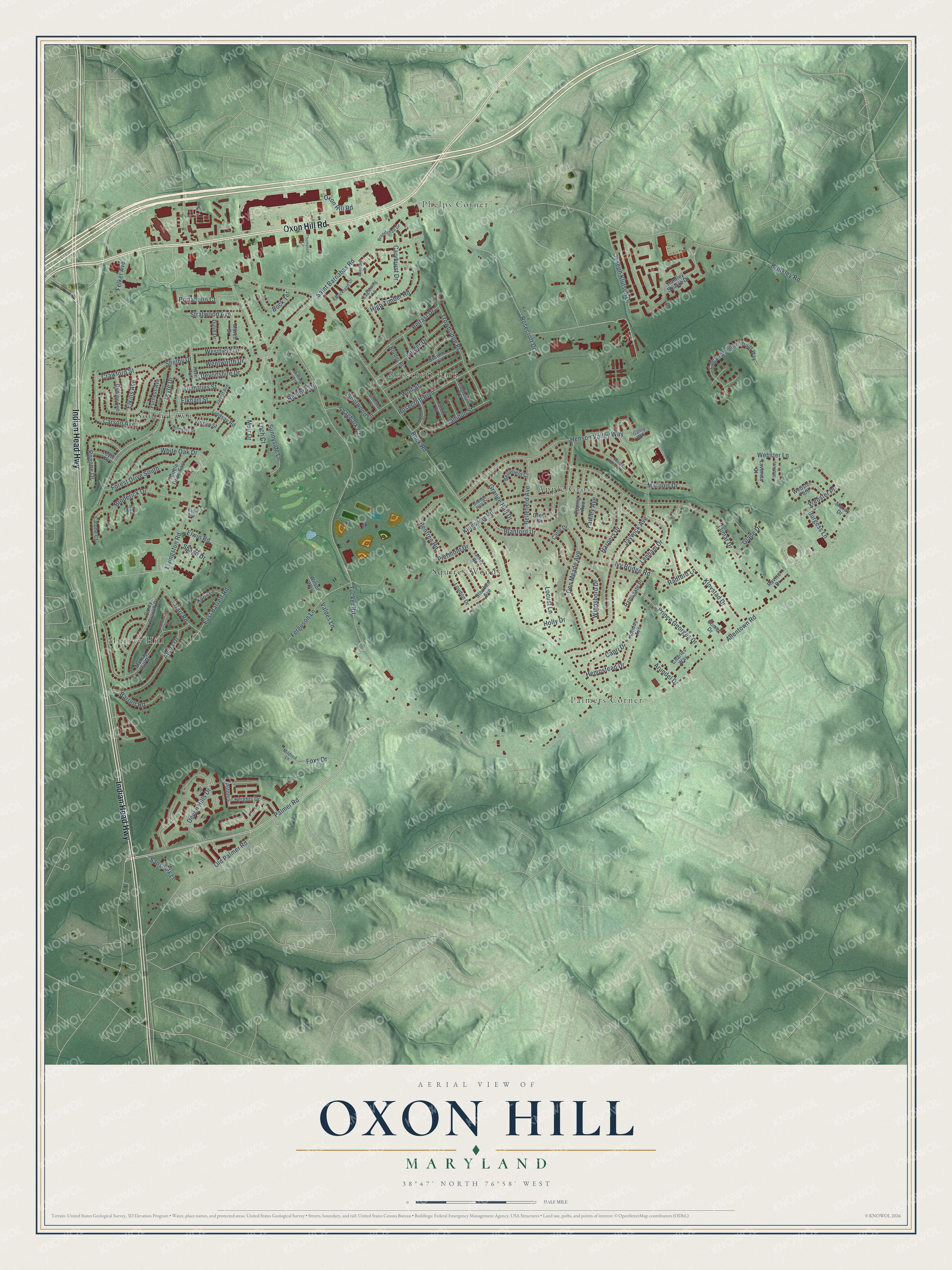 Full map of Oxon Hill, Maryland, with red buildings, printed street names and the land around them