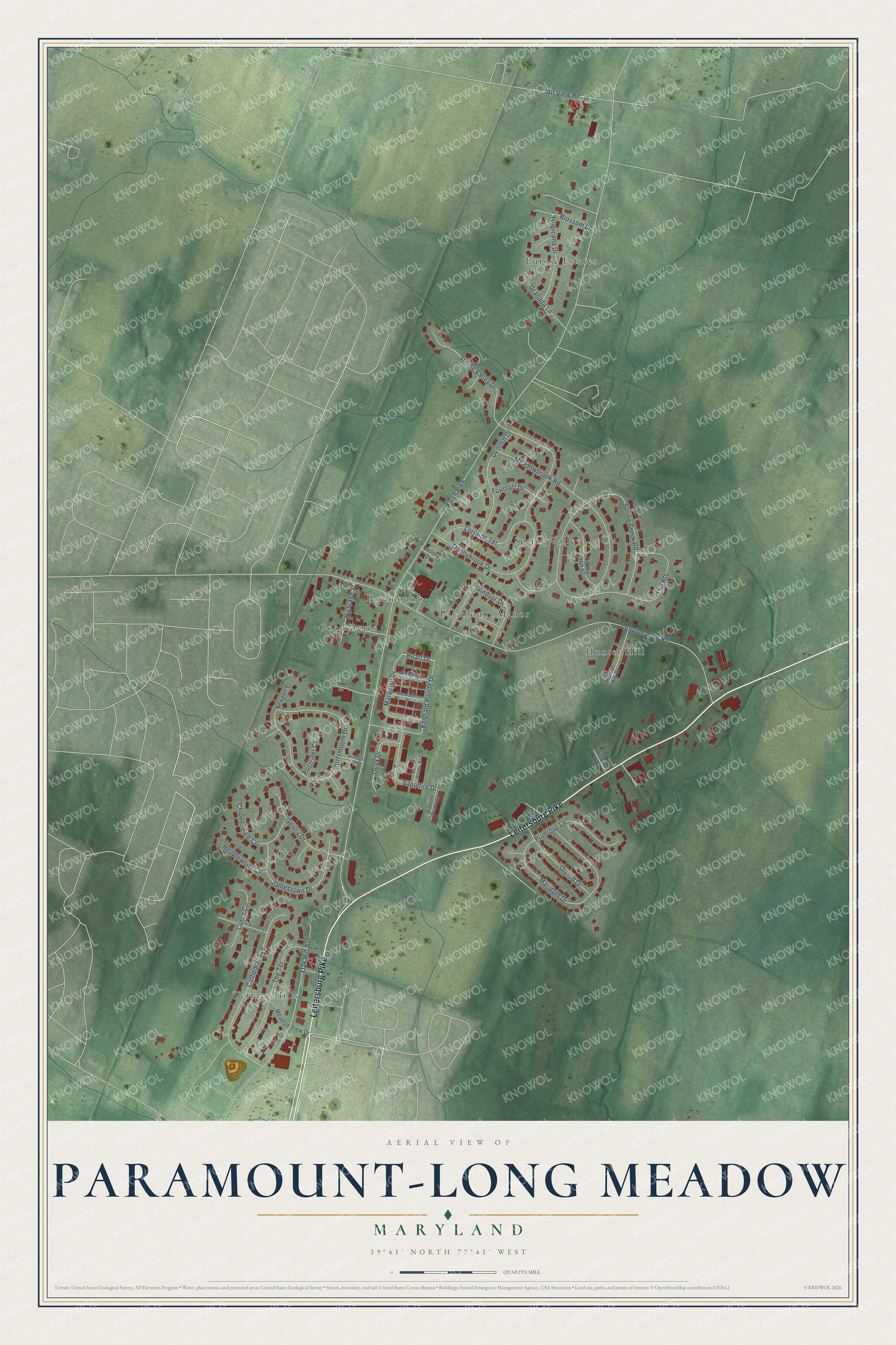 Full map of Paramount-Long Meadow, Maryland, with red buildings, printed street names and the land around them