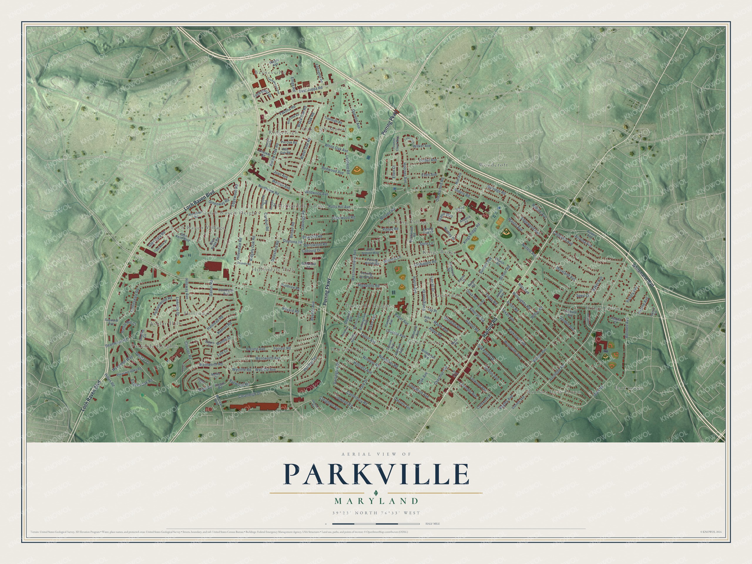 Full map of Parkville, Maryland, with red buildings, printed street names and the land around them