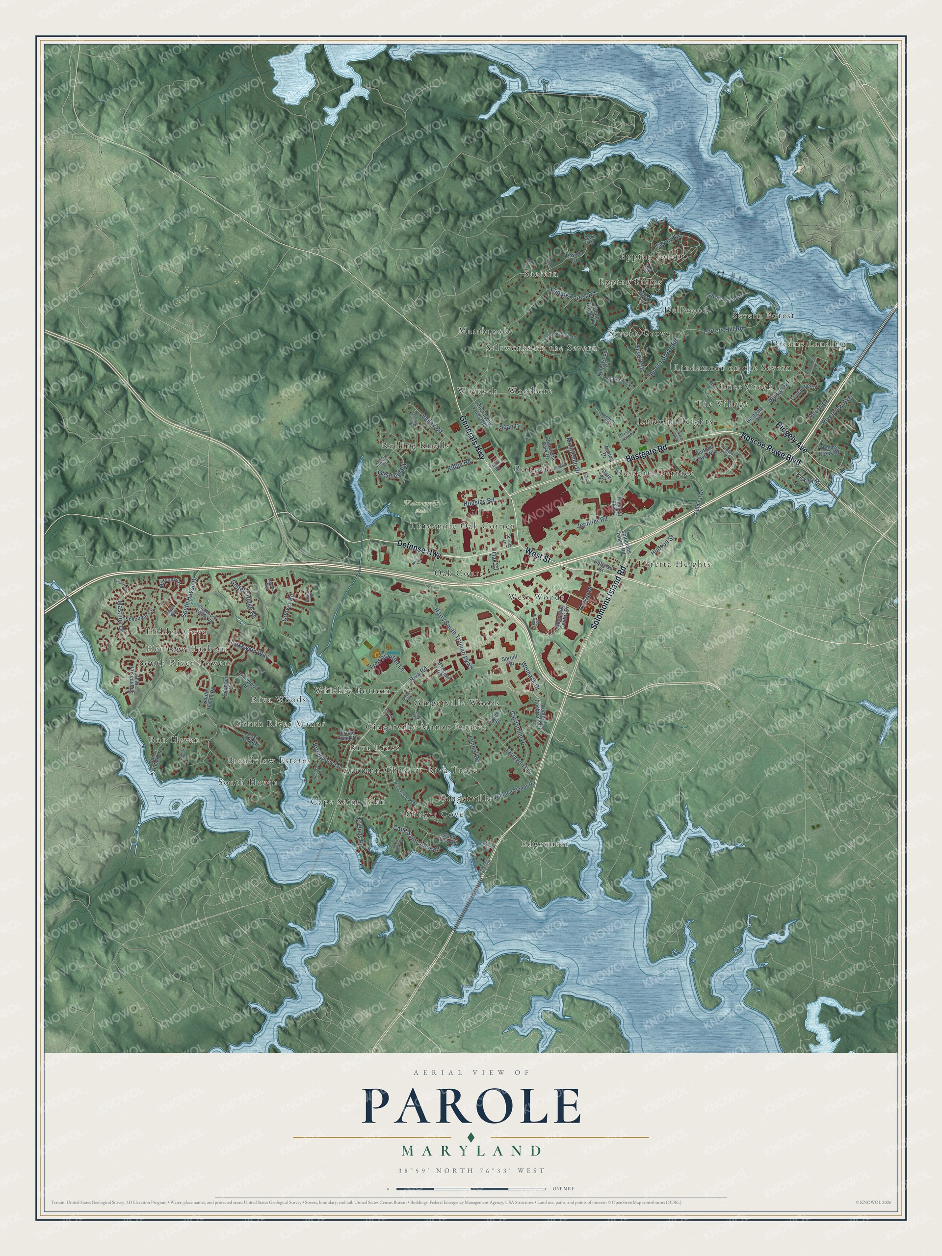 Full map of Parole, Maryland, with red buildings, printed street names and the land around them