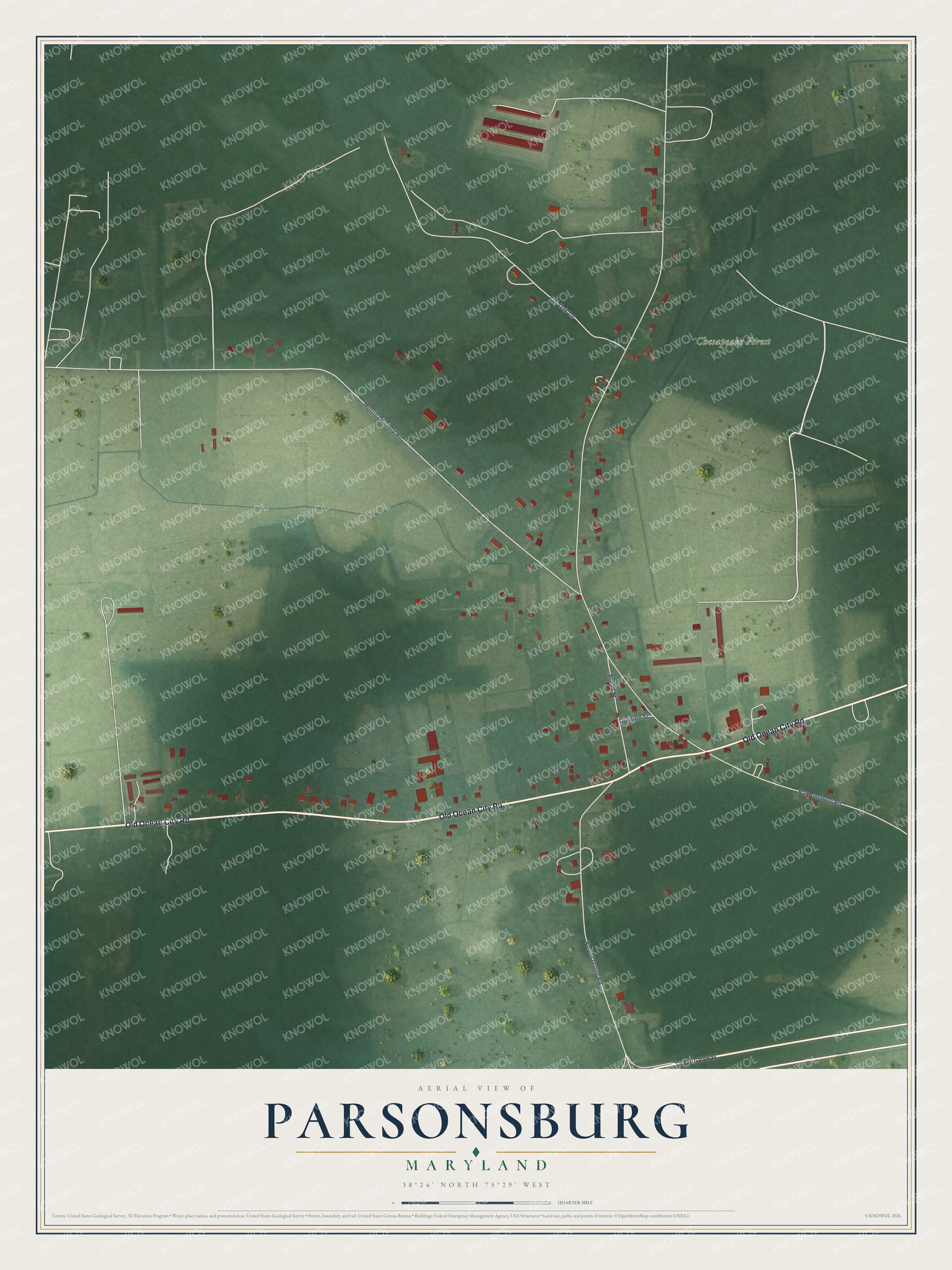 Full map of Parsonsburg, Maryland, with red buildings, printed street names and the land around them