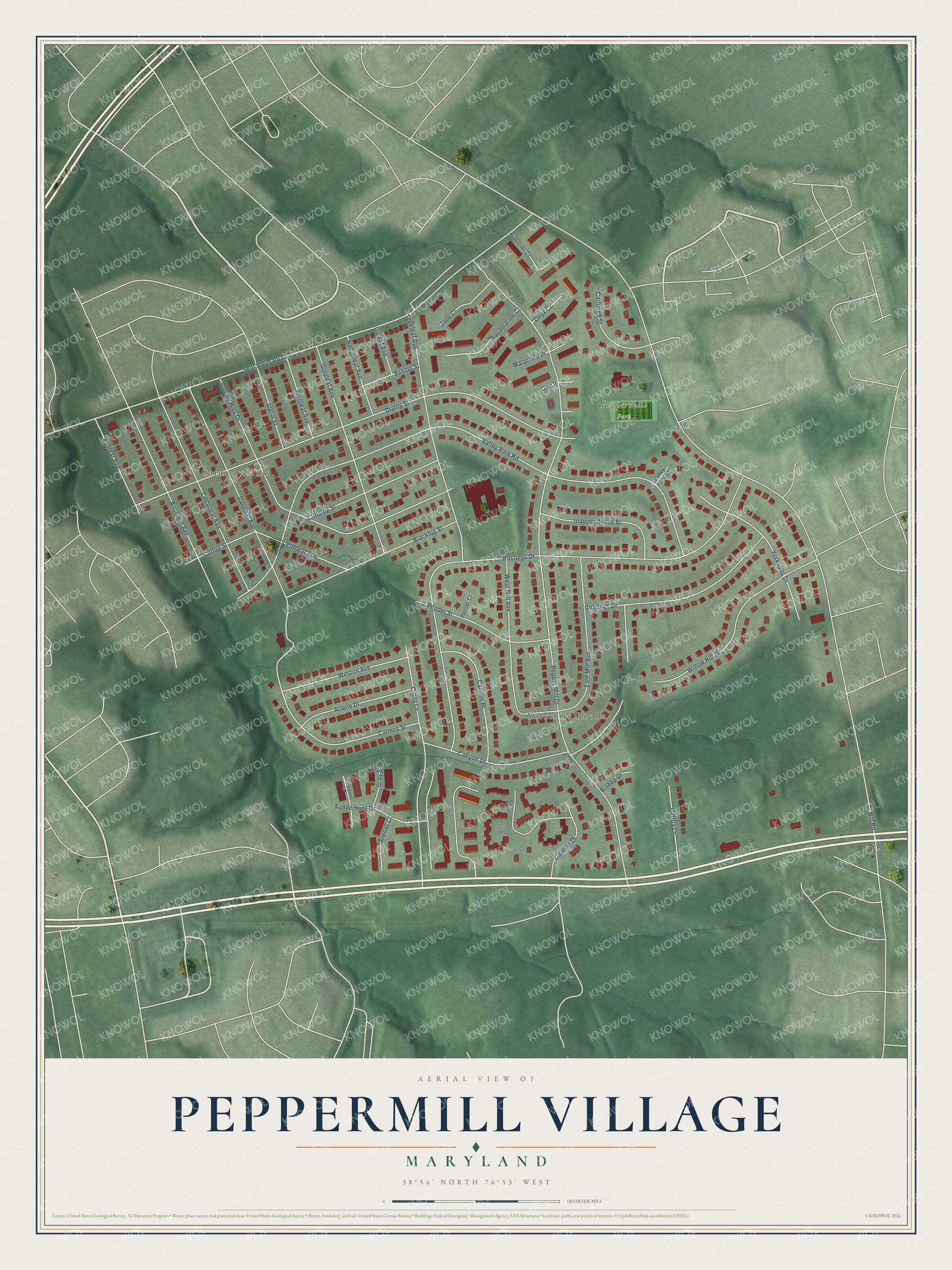 Full map of Peppermill Village, Maryland, with red buildings, printed street names and the land around them