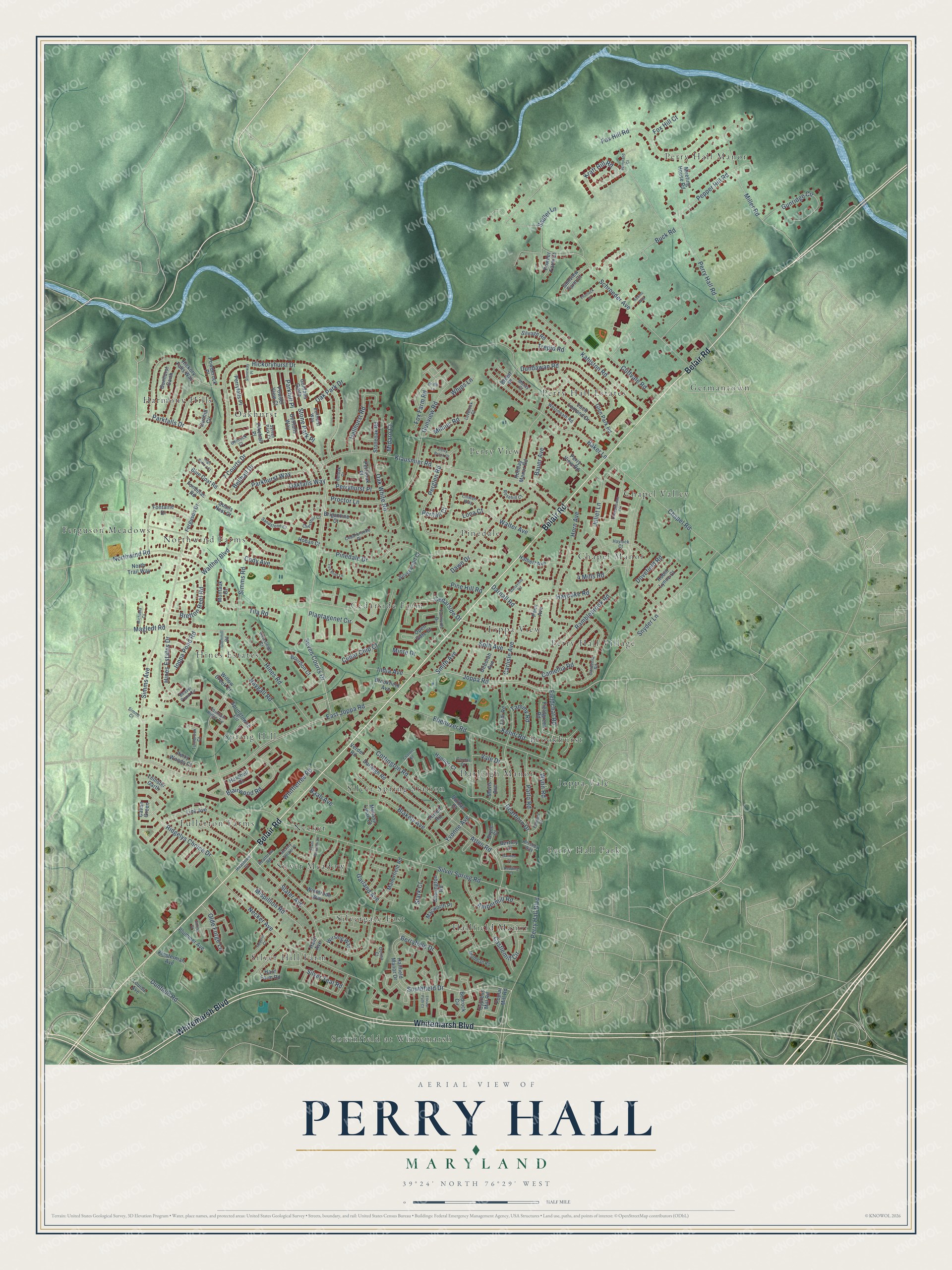 Full map of Perry Hall, Maryland, with red buildings, printed street names and the land around them