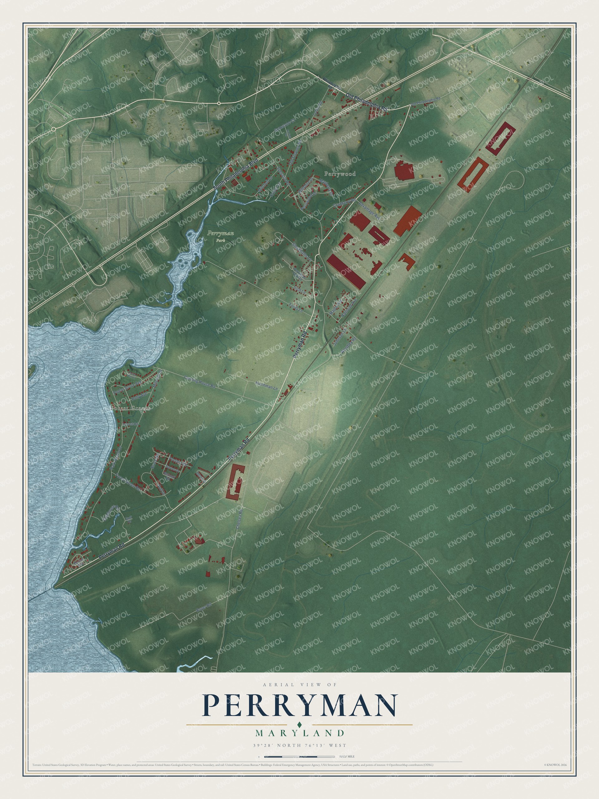 Full map of Perryman, Maryland, with red buildings, printed street names and the land around them