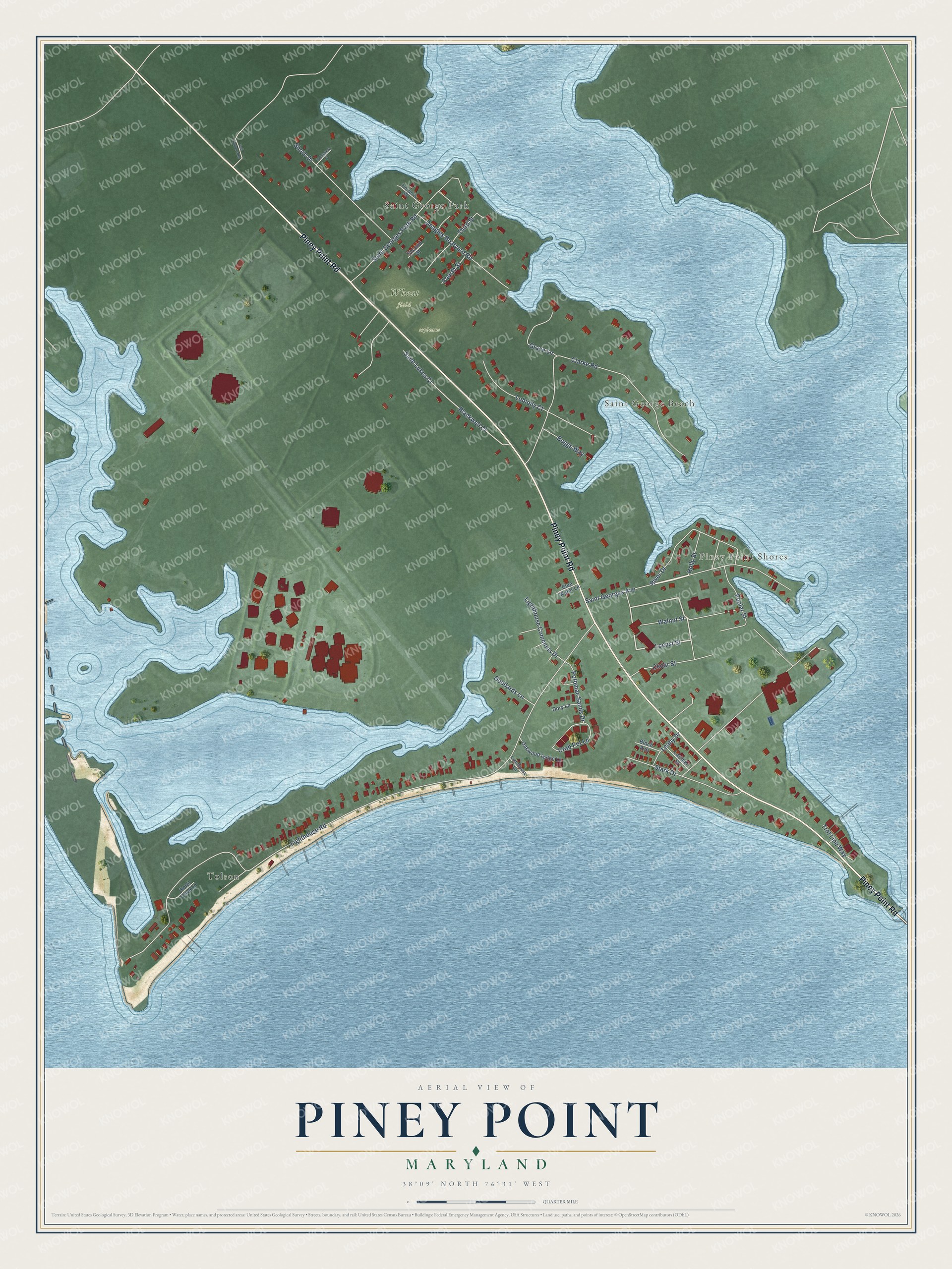 Full map of Piney Point, Maryland, with red buildings, printed street names and the land around them