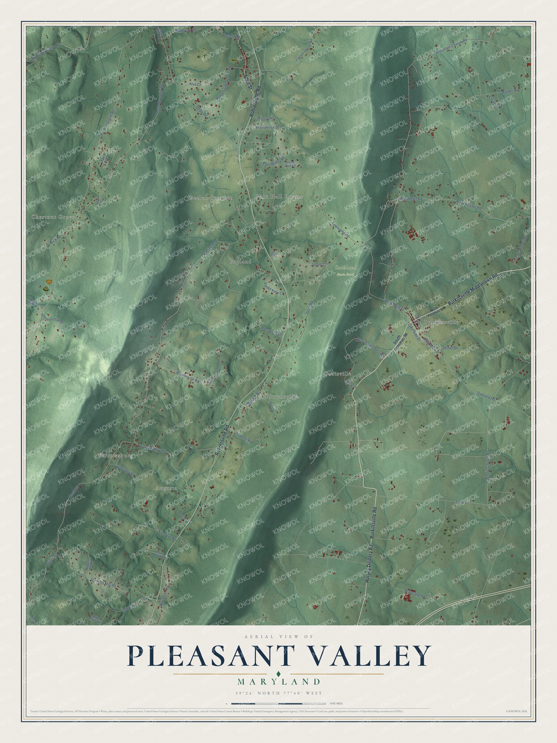 Full map of Pleasant Valley, Maryland, with red buildings, printed street names and the land around them