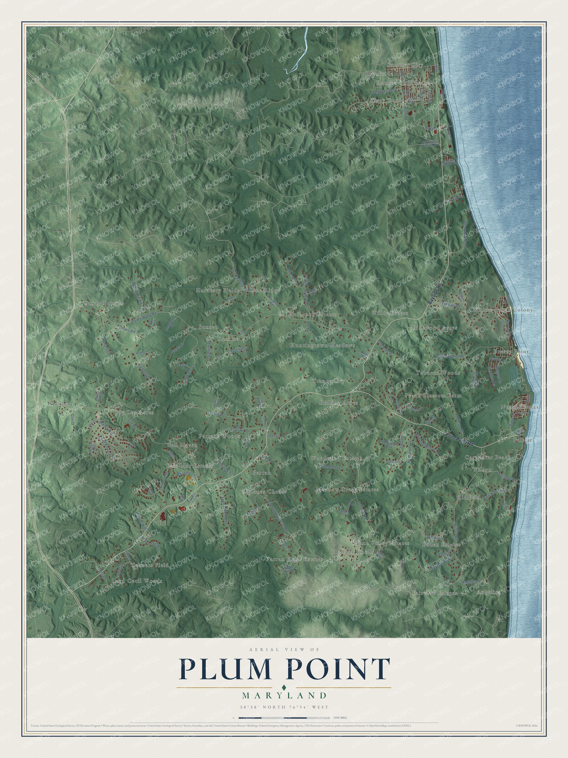 Full map of Plum Point, Maryland, with red buildings, printed street names and the land around them