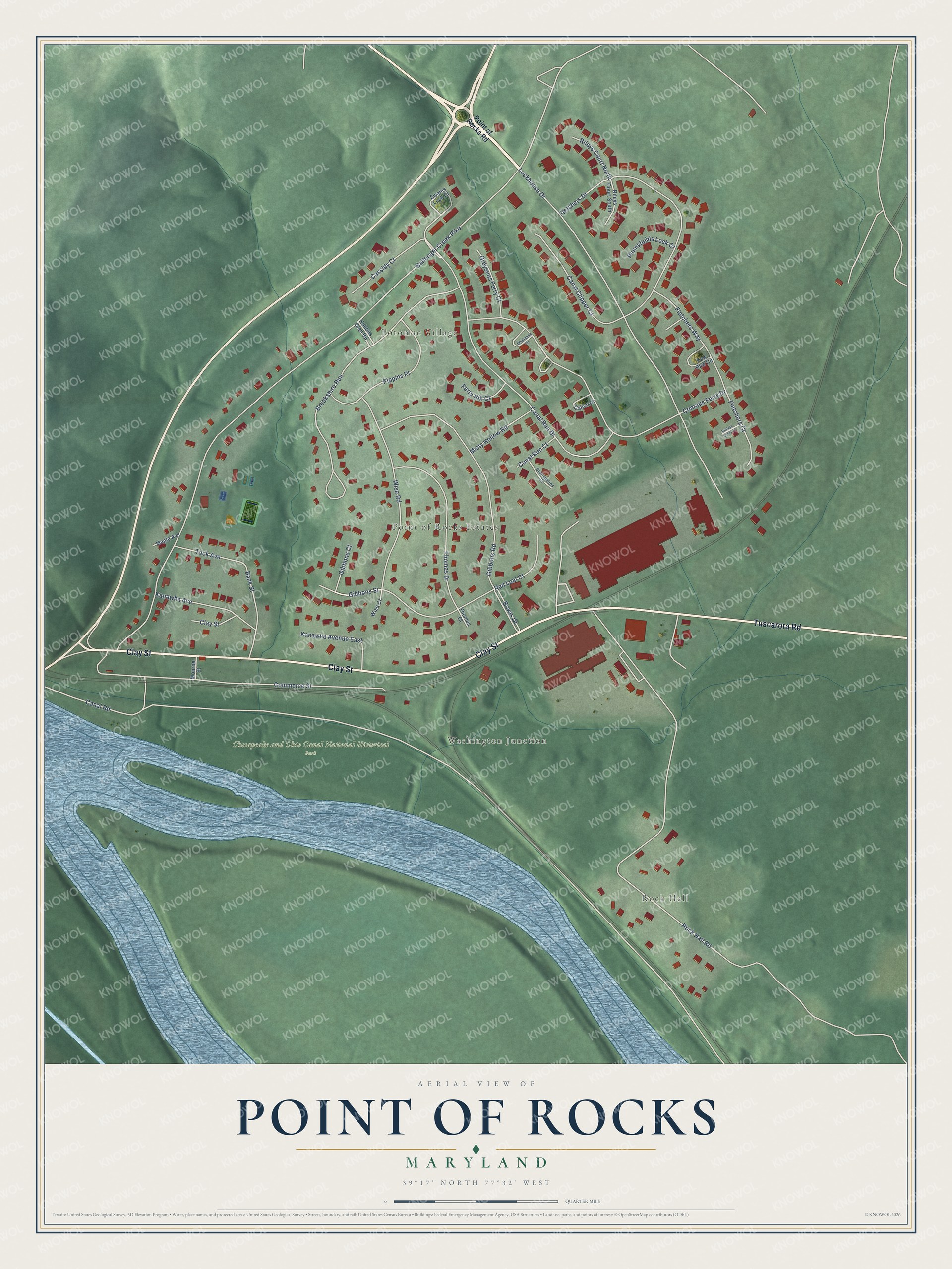 Full map of Point of Rocks, Maryland, with red buildings, printed street names and the land around them